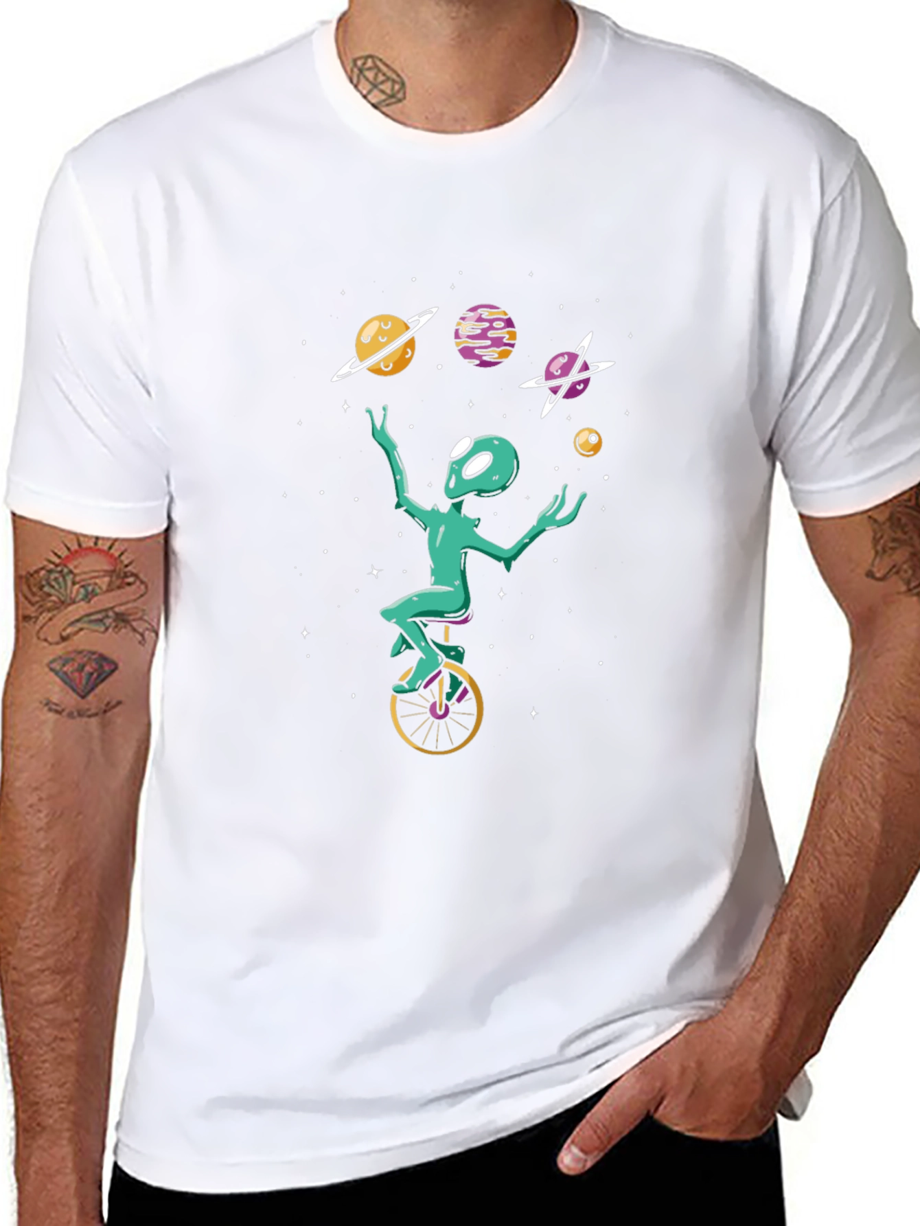Alien Juggling Planets Graphic Tee