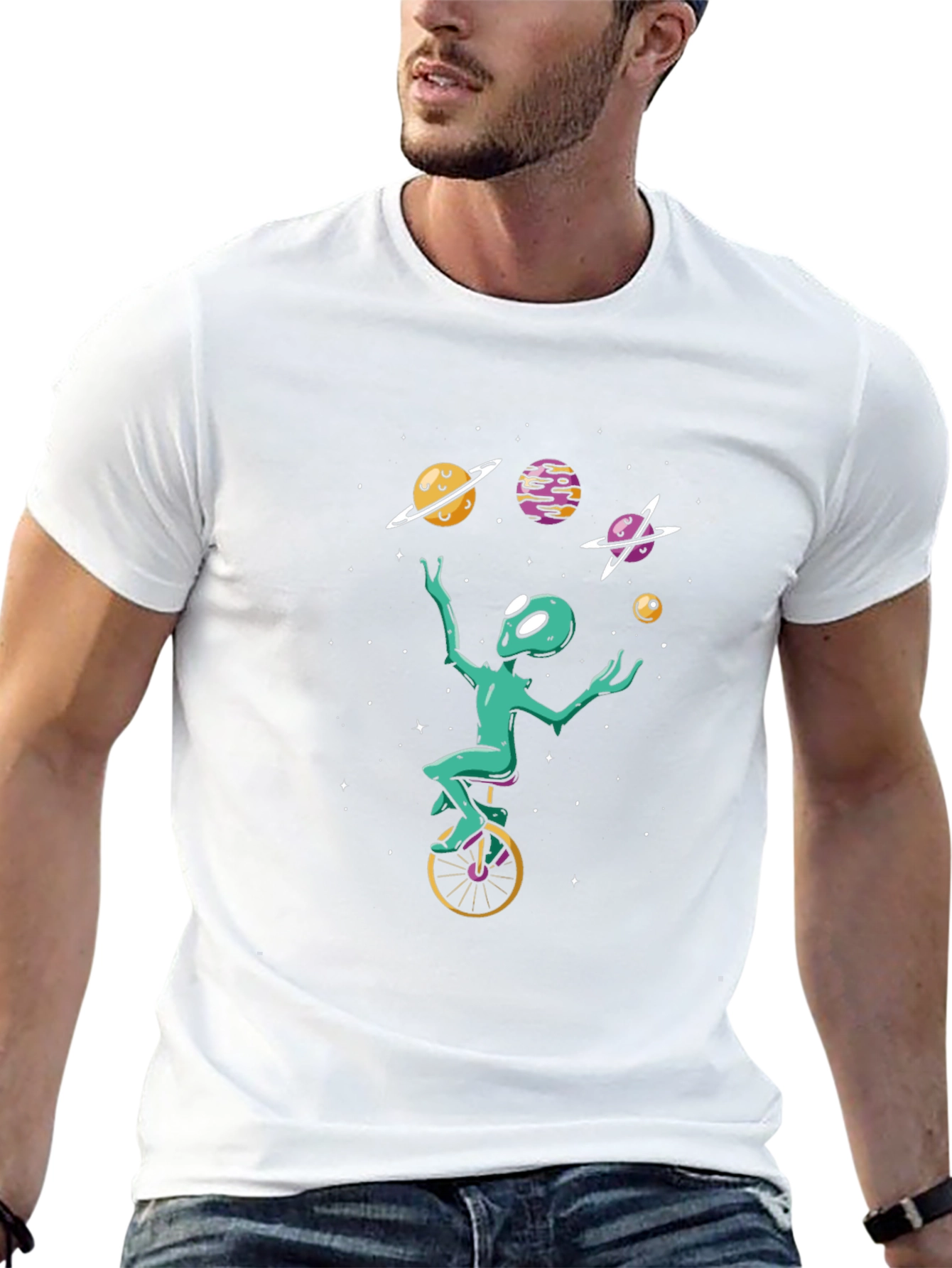 Alien Juggling Planets Graphic Tee