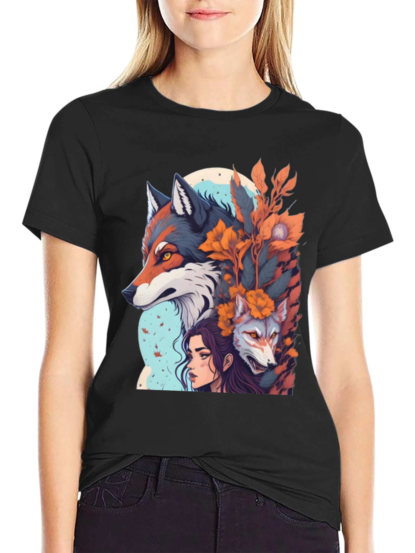 Wolf & Woman Graphic T-Shirt - Unique Design