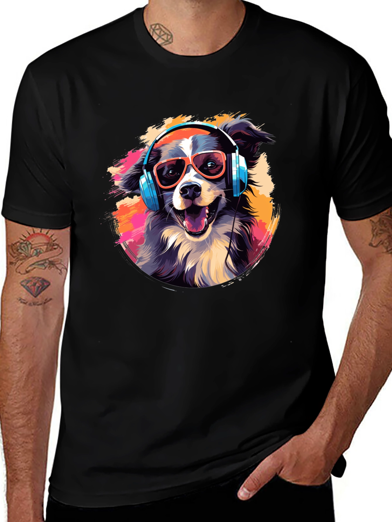 Cool Dog with Headphones Graphic Tee - Black