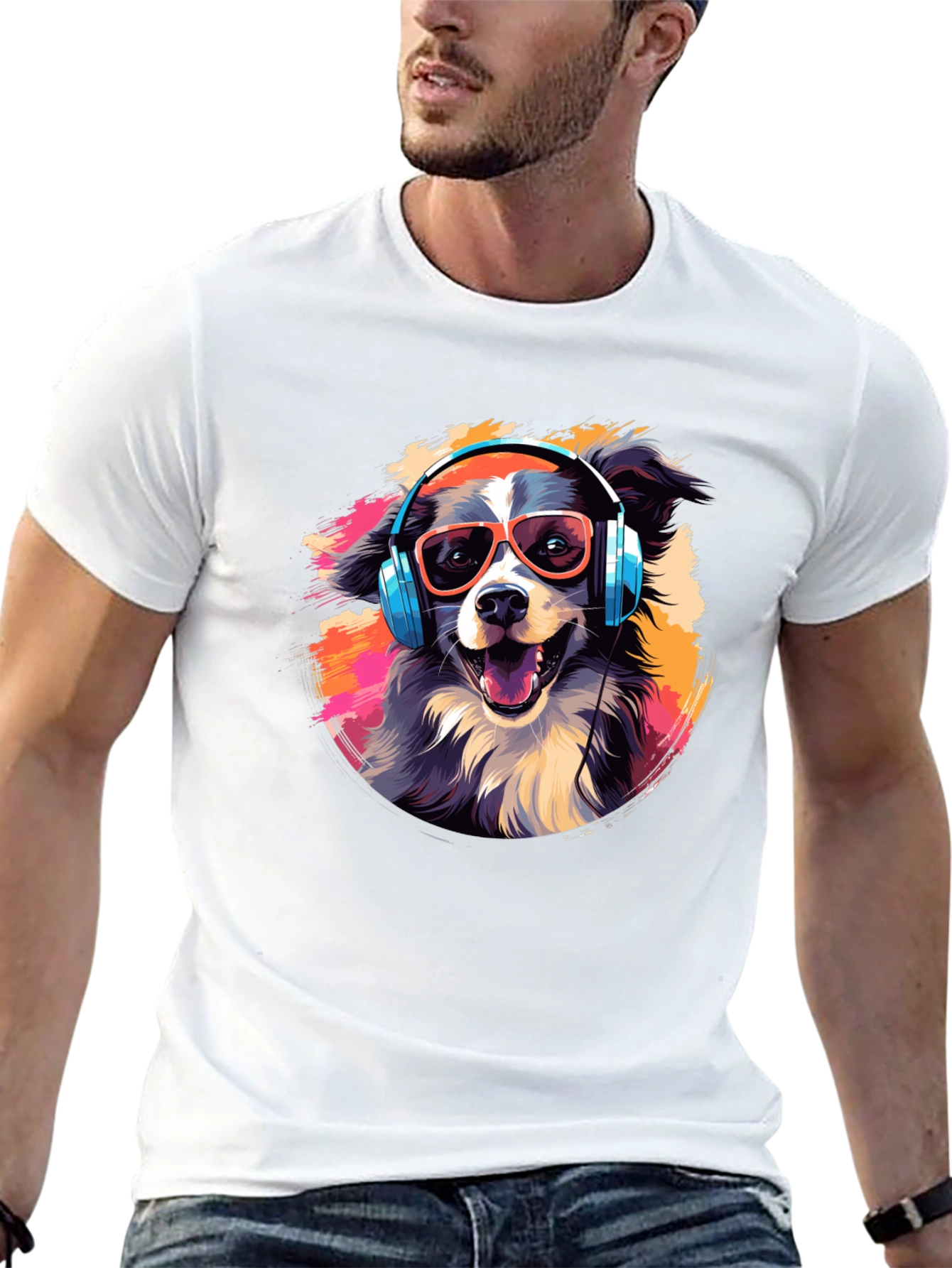 Cool Dog with Headphones Graphic Tee - Black