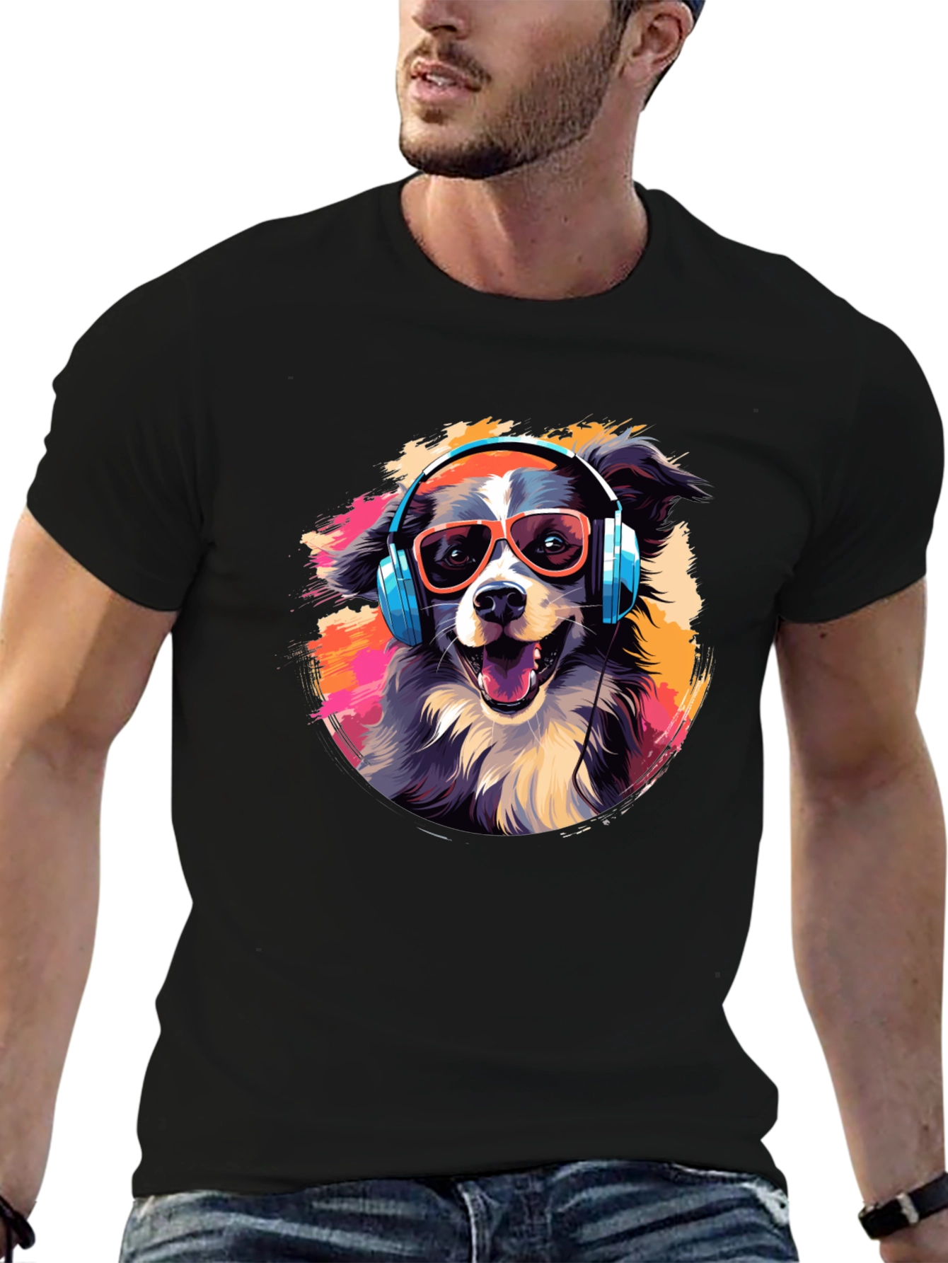 Cool Dog with Headphones Graphic Tee - Black