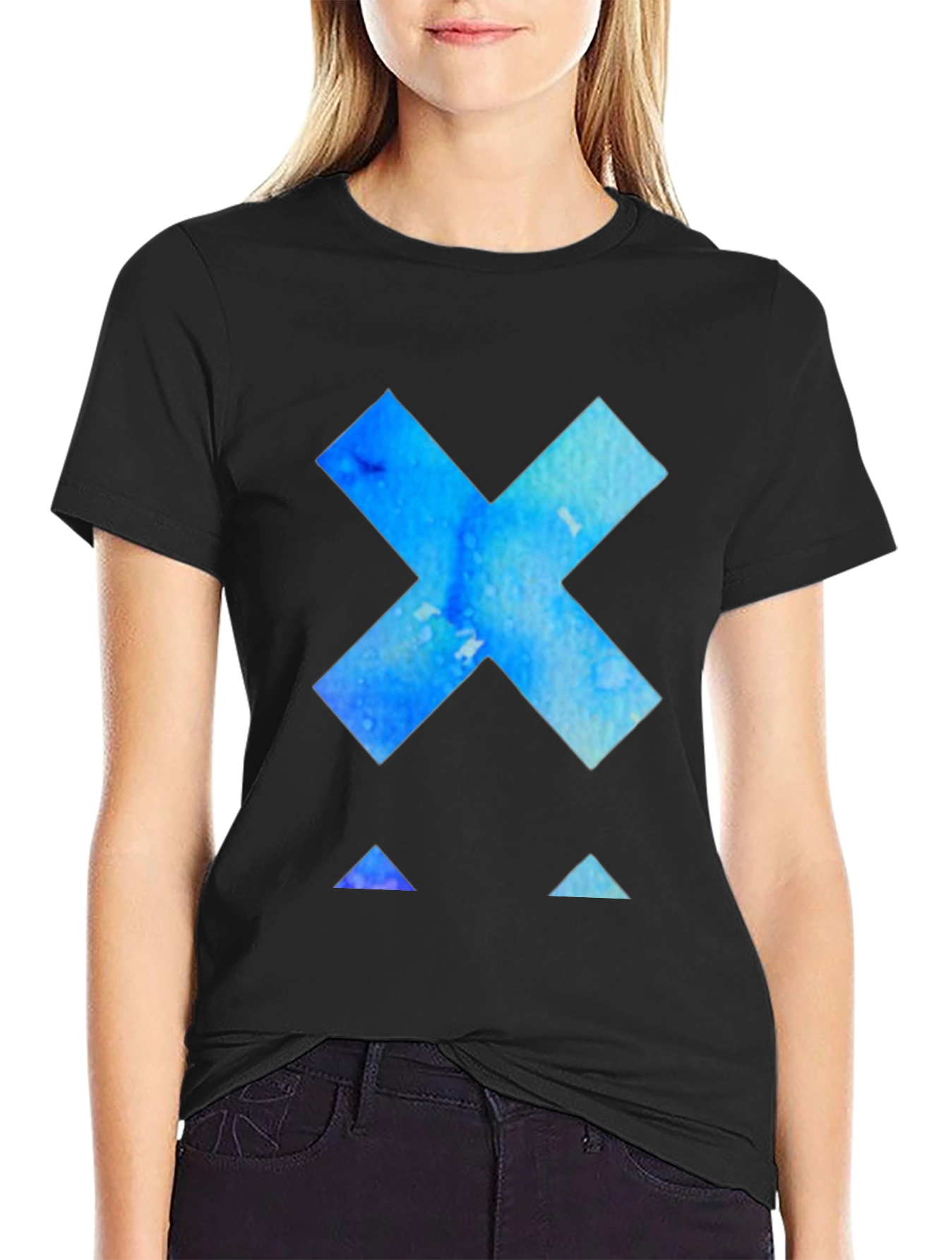 Abstract Blue X Graphic Tee - Black Cotton T-Shirt