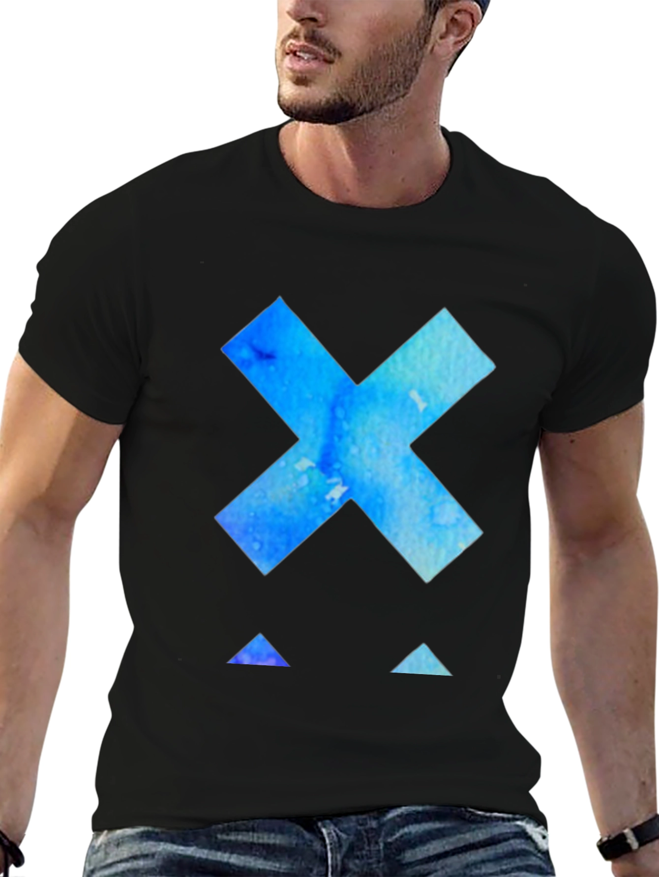 Abstract Blue X Graphic Tee - Black Cotton T-Shirt