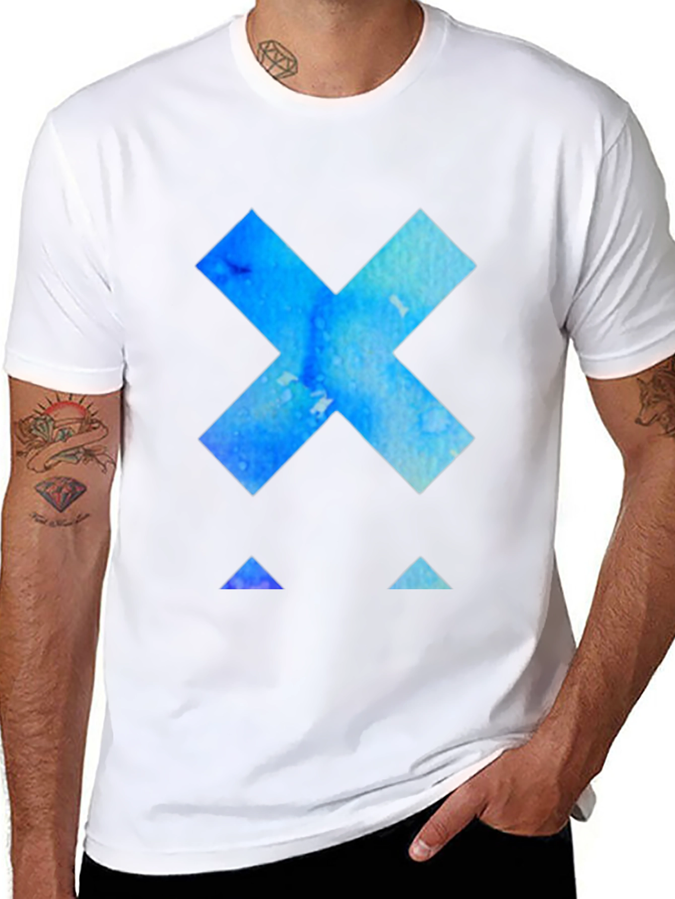 Abstract Blue X Graphic Tee - Black Cotton T-Shirt
