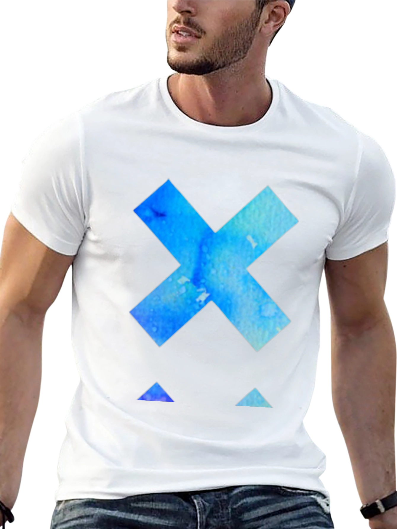 Abstract Blue X Graphic Tee - Black Cotton T-Shirt