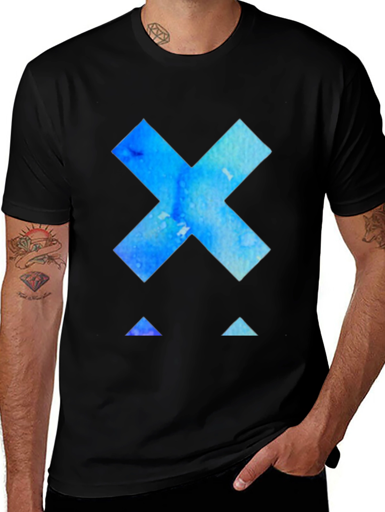 Abstract Blue X Graphic Tee - Black Cotton T-Shirt