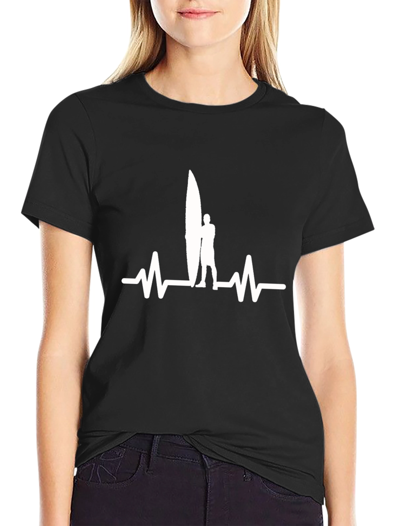 Surfer Heartbeat Graphic Tee - Black Cotton T-Shirt