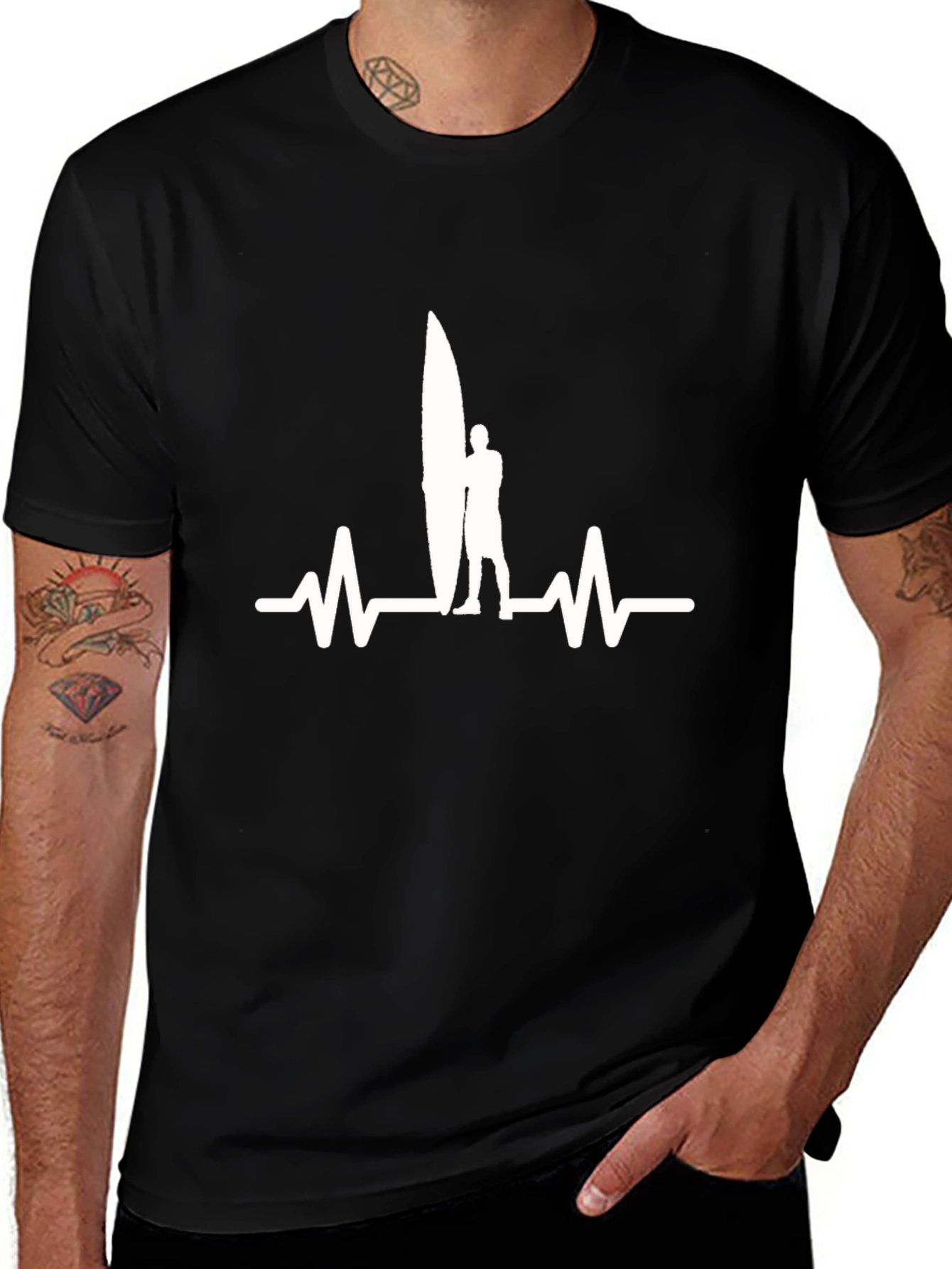 Surfer Heartbeat Graphic Tee - Black Cotton T-Shirt