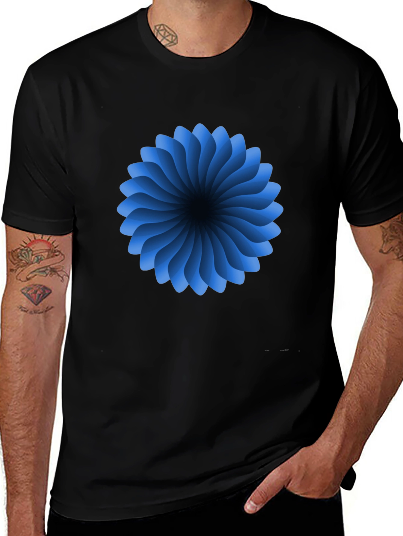 Abstract Blue Flower Graphic Black T-Shirt