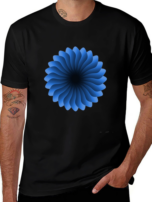 Abstract Blue Flower Graphic Black T-Shirt