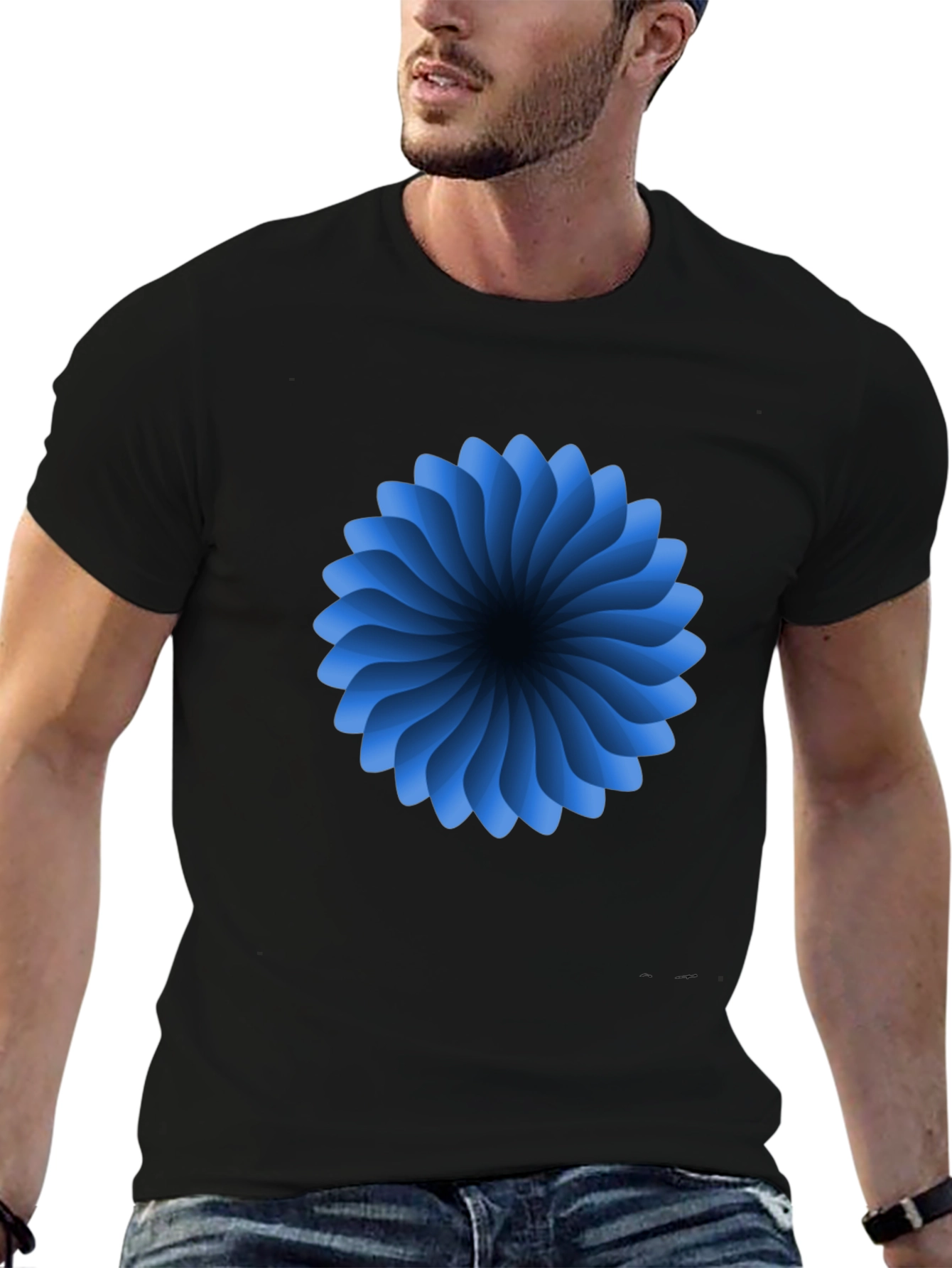 Abstract Blue Flower Graphic Black T-Shirt