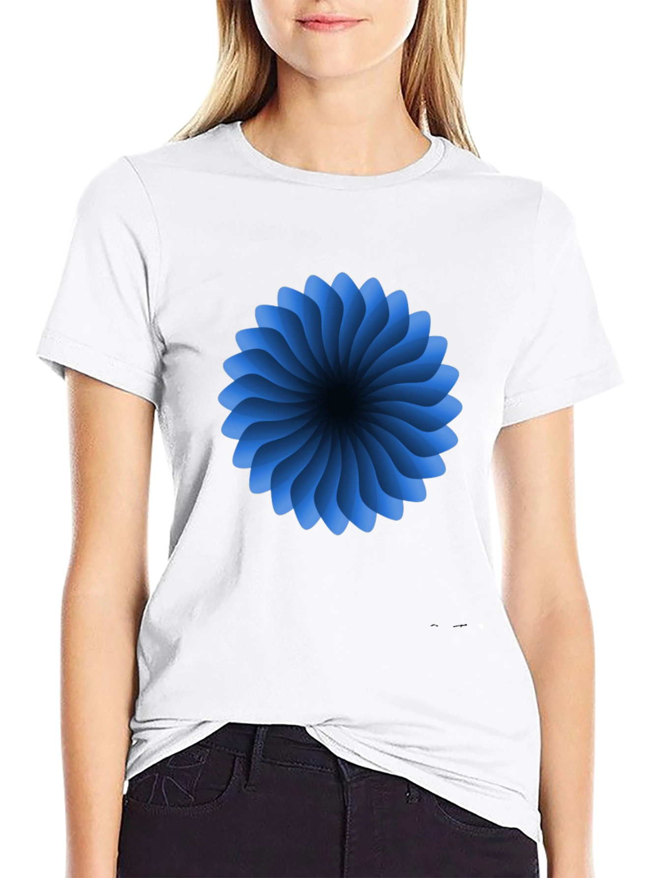 Abstract Blue Flower Graphic Black T-Shirt