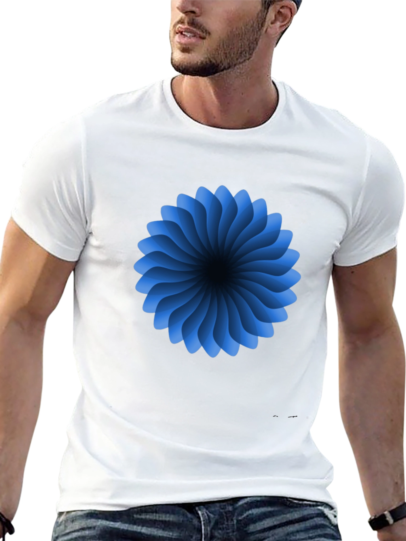 Abstract Blue Flower Graphic Black T-Shirt