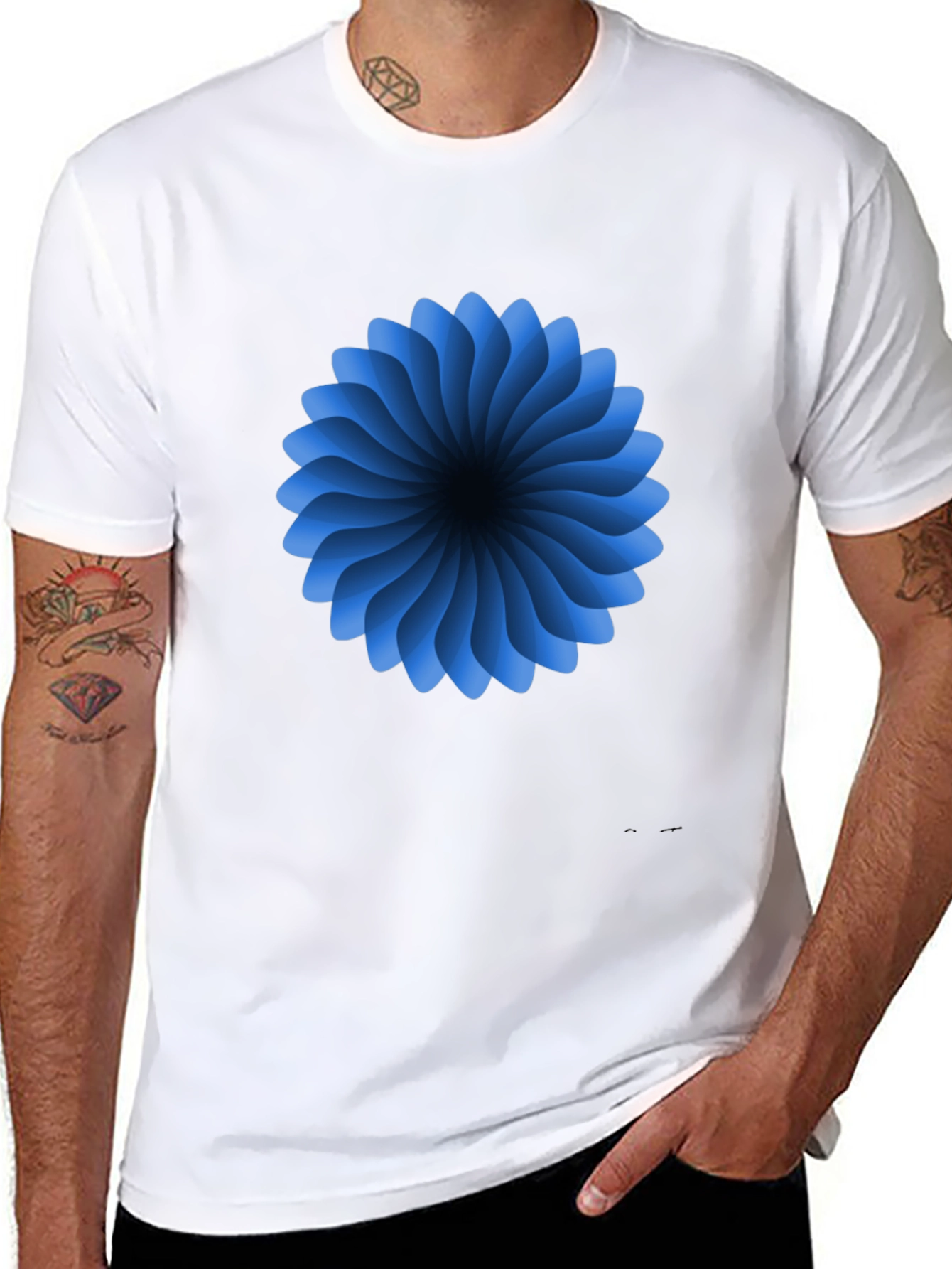 Abstract Blue Flower Graphic Black T-Shirt