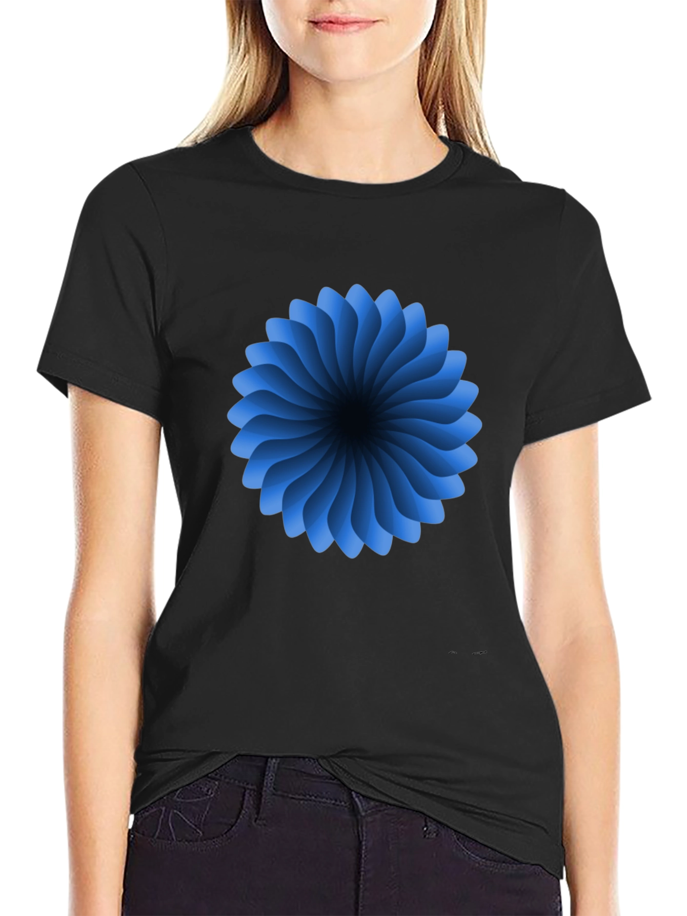 Abstract Blue Flower Graphic Black T-Shirt