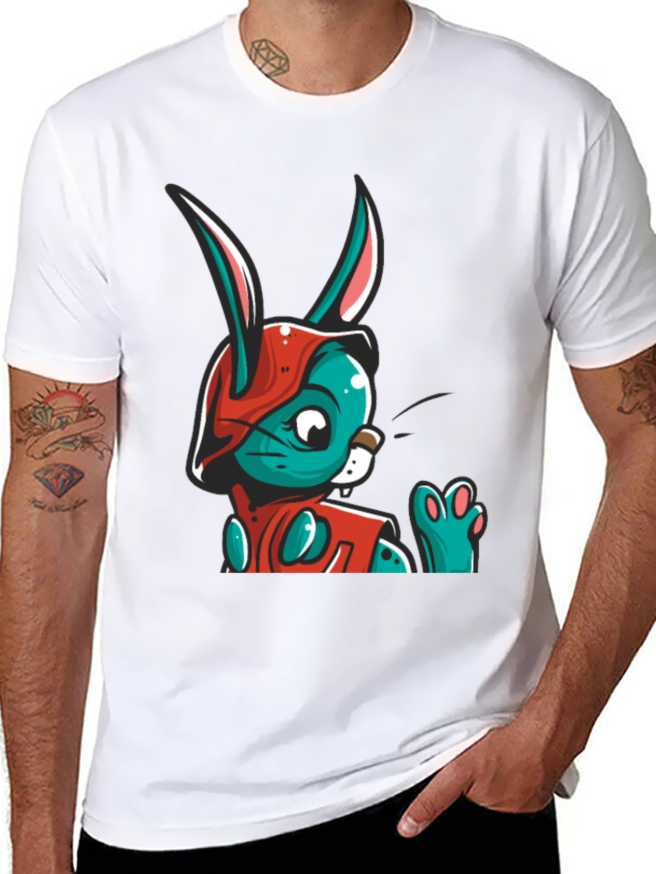 Cartoon Rabbit Graphic Tee - Black