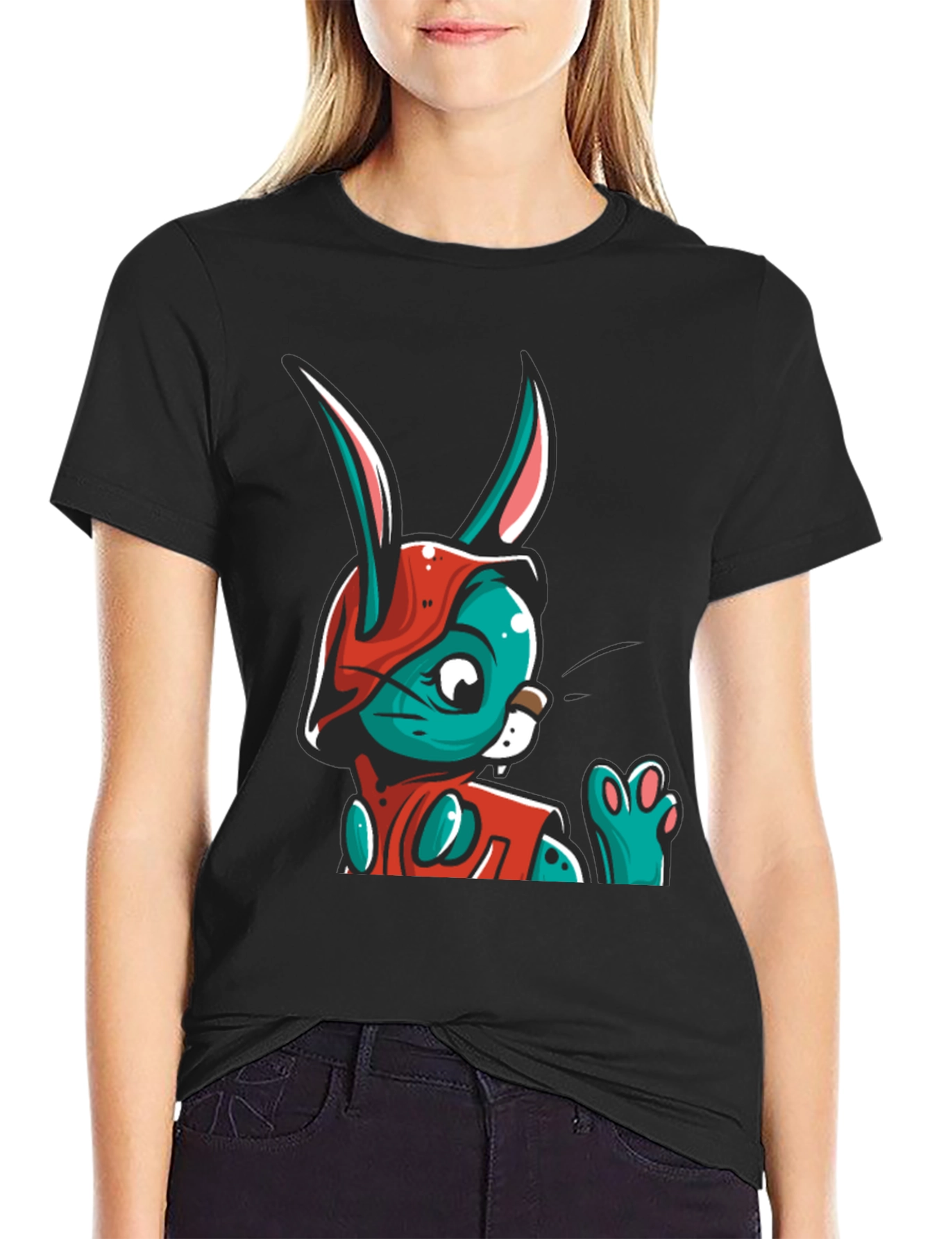 Cartoon Rabbit Graphic Tee - Black