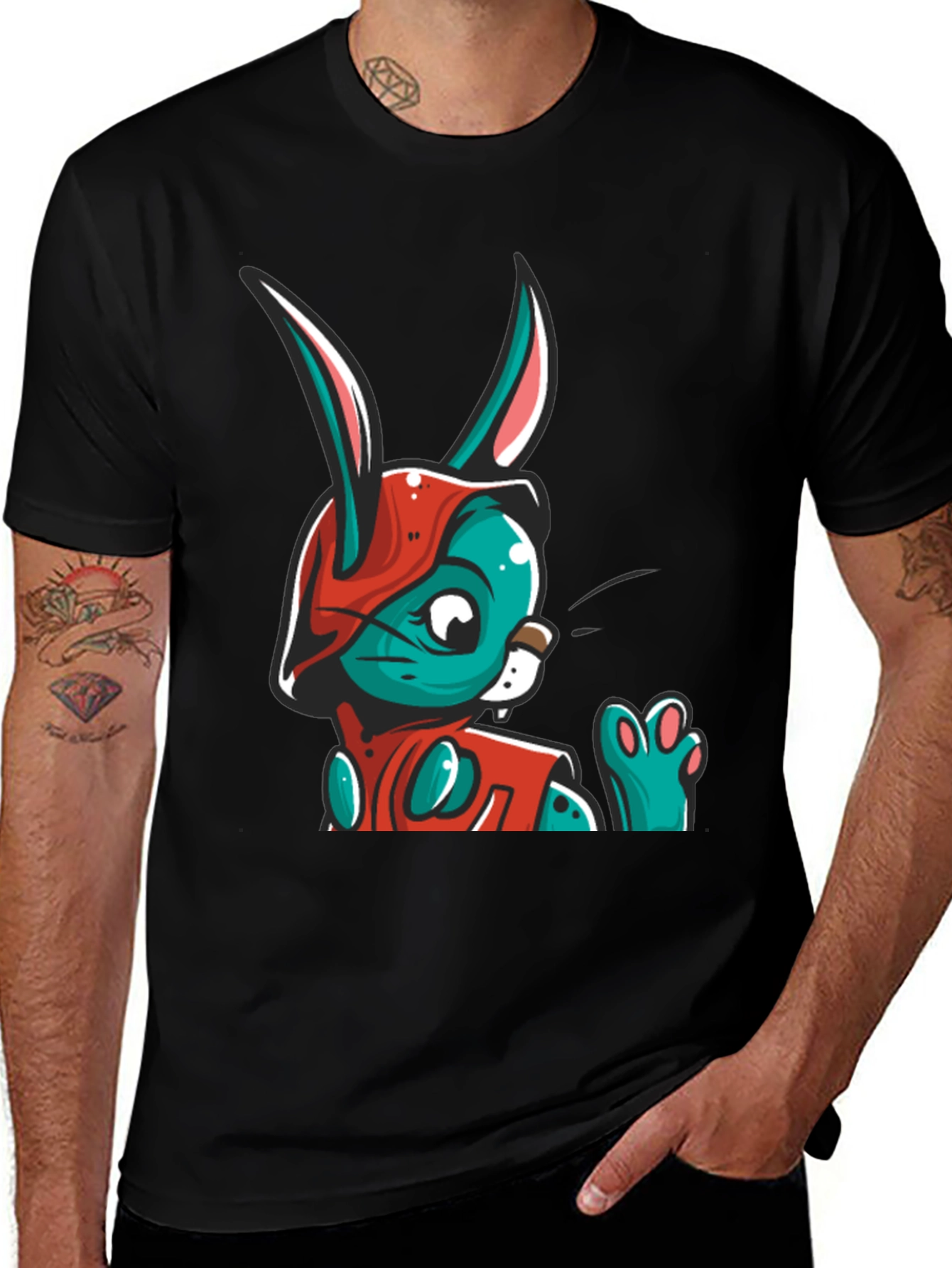 Cartoon Rabbit Graphic Tee - Black