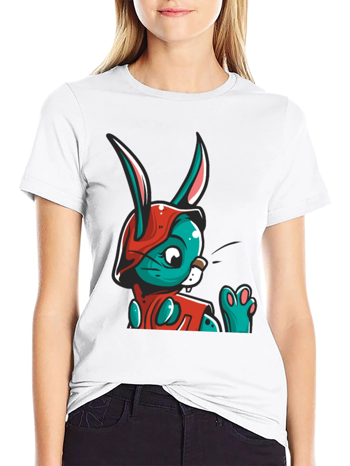 Cartoon Rabbit Graphic Tee - Black