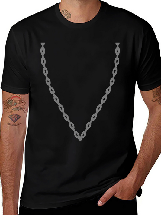 Mens Black T-Shirt with Silver Chain Design