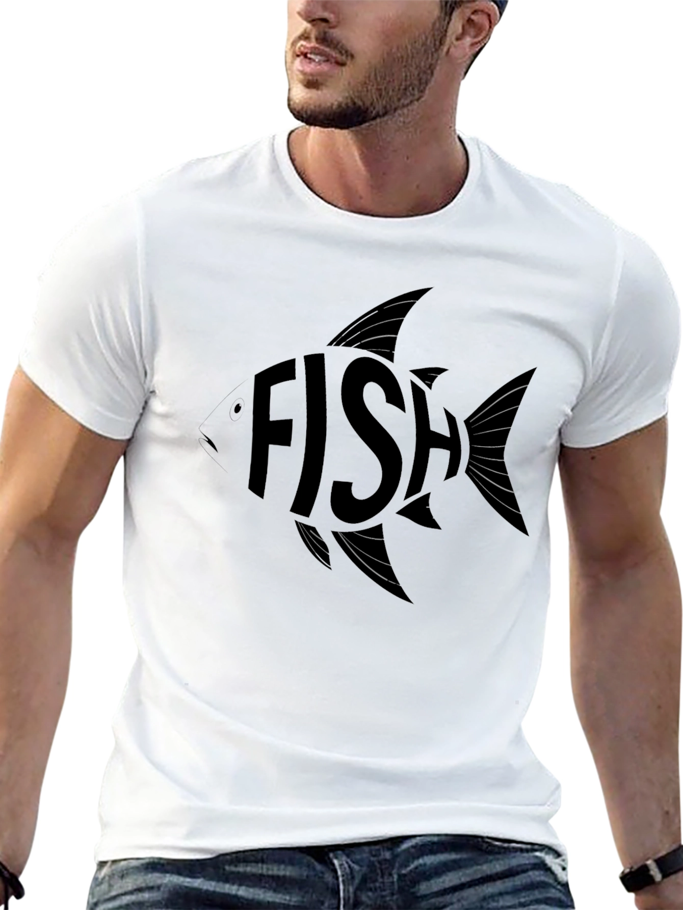 Fish Word Art Graphic Print Black T-Shirt
