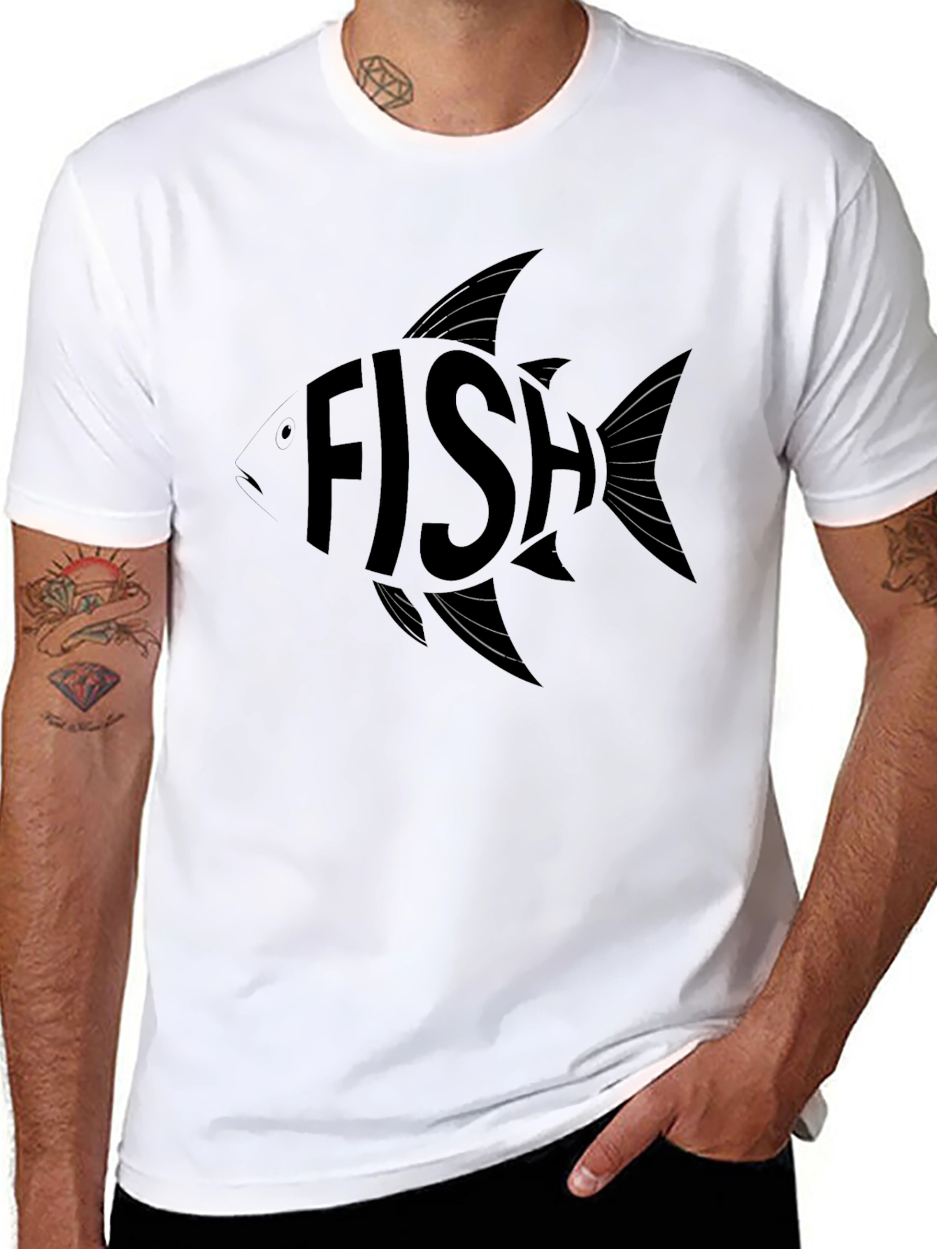 Fish Word Art Graphic Print Black T-Shirt