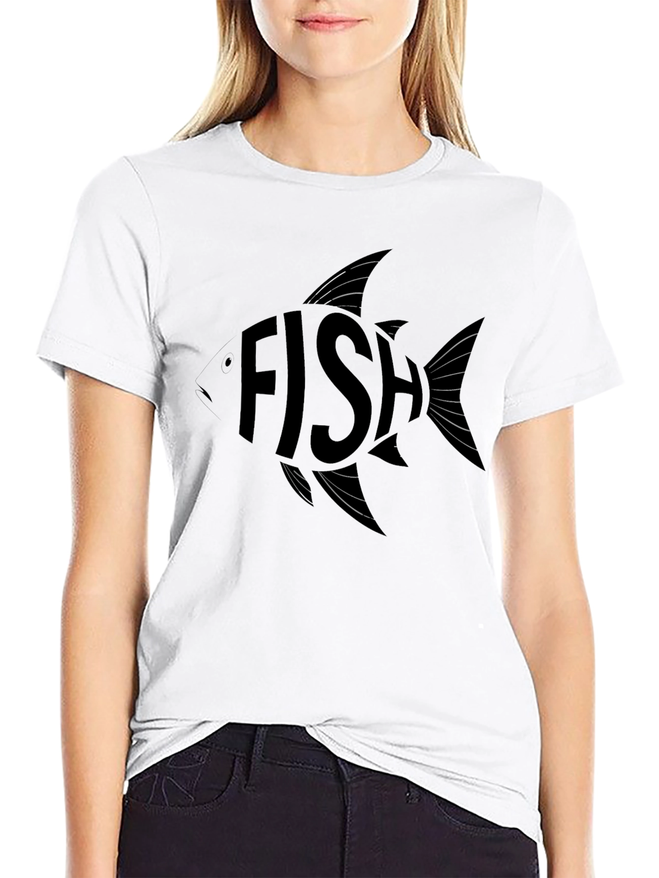 Fish Word Art Graphic Print Black T-Shirt