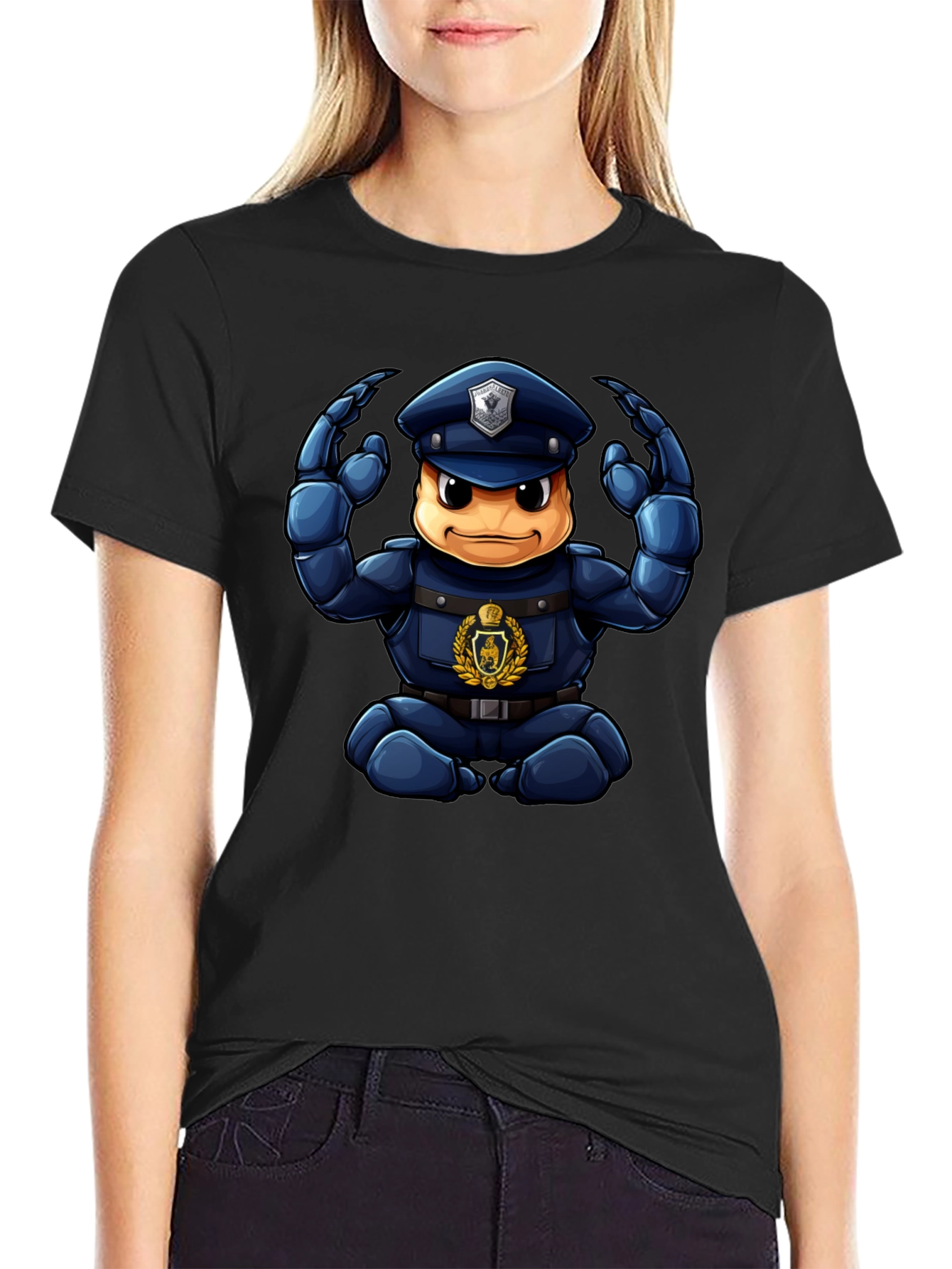 Cartoon Police Character Graphic Black T-Shirt