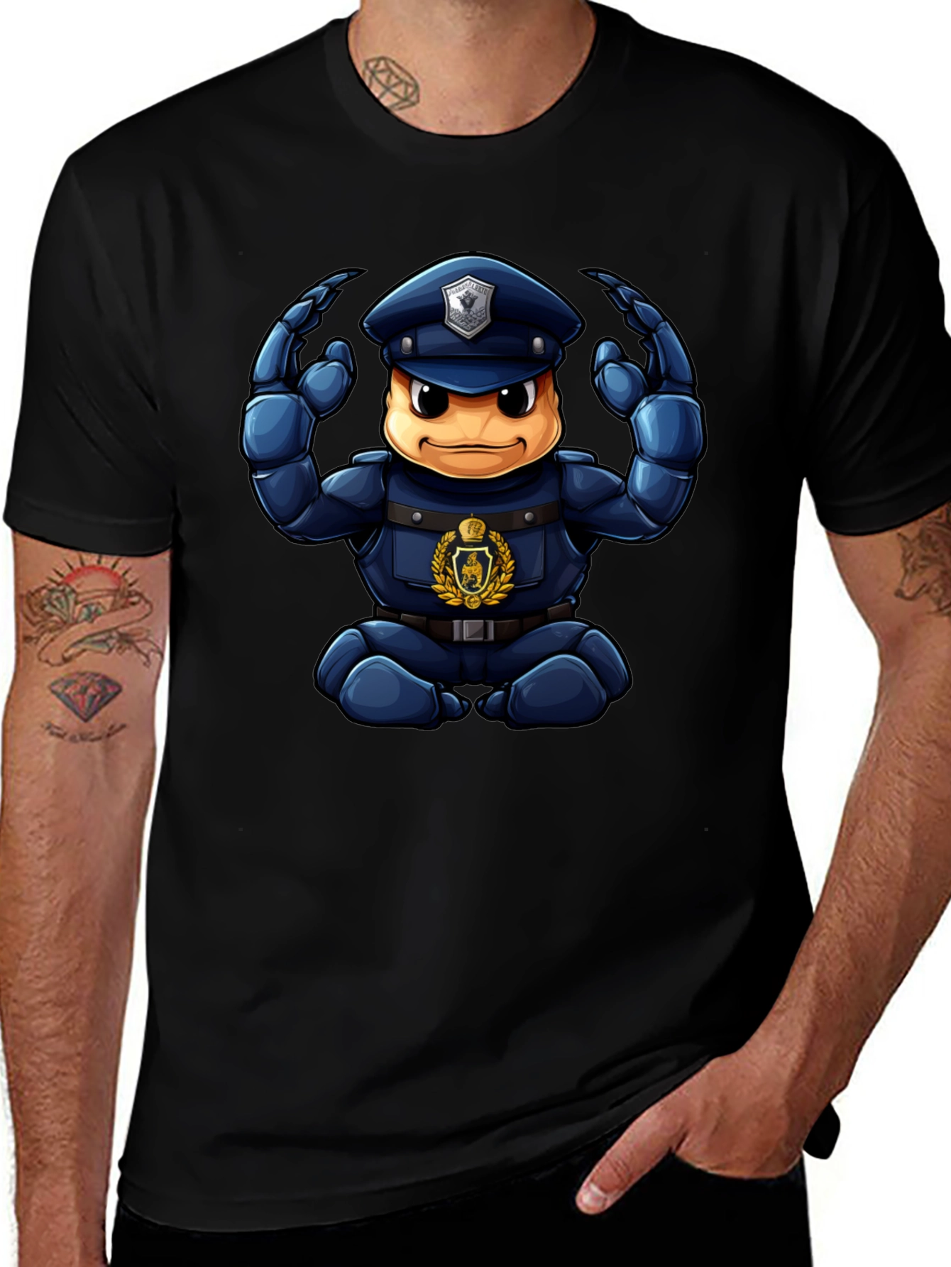 Cartoon Police Character Graphic Black T-Shirt