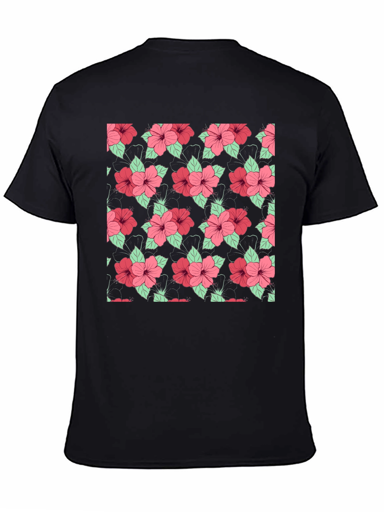 Floral Hibiscus Pattern Black T-Shirt