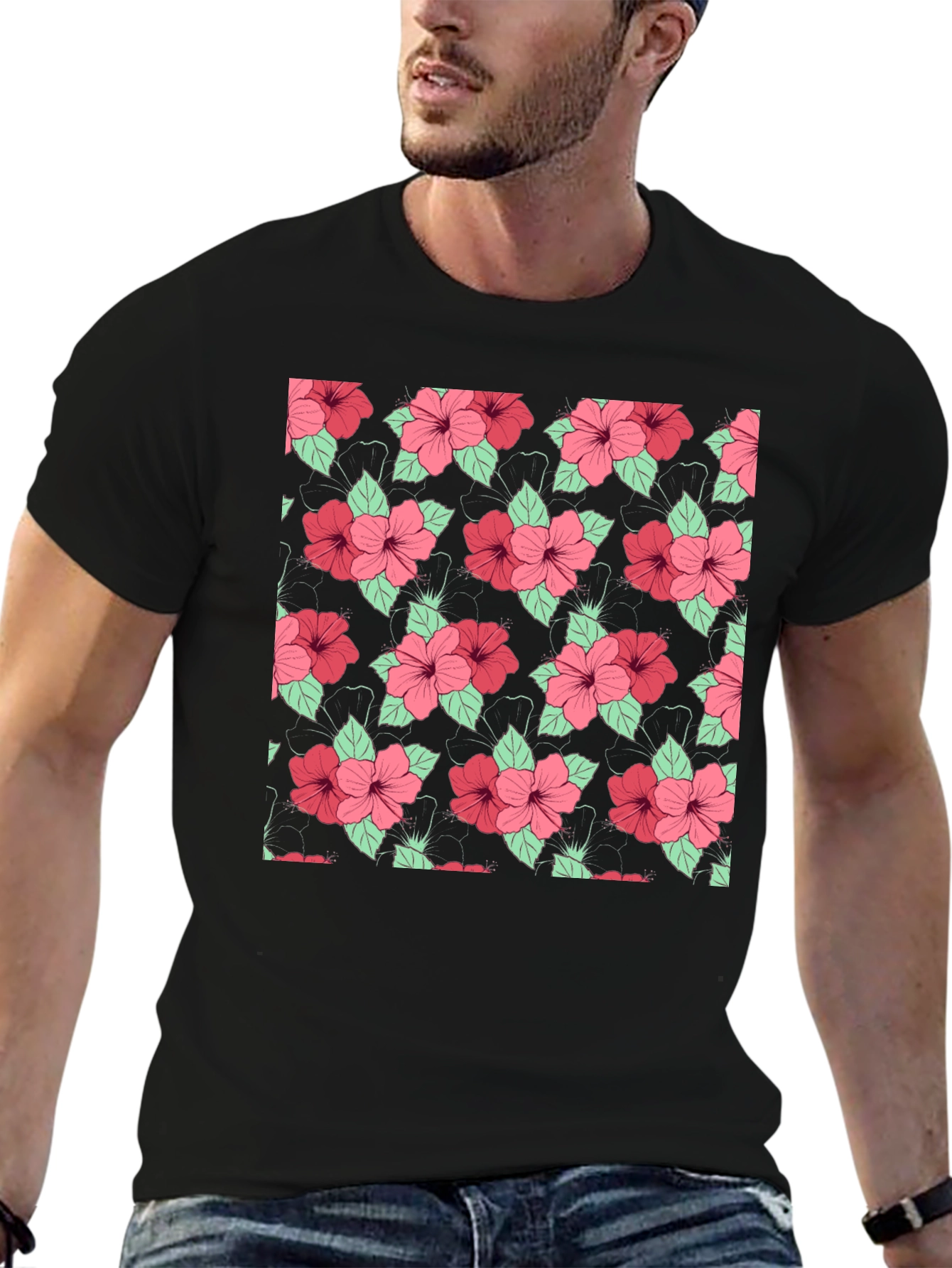 Floral Hibiscus Pattern Black T-Shirt