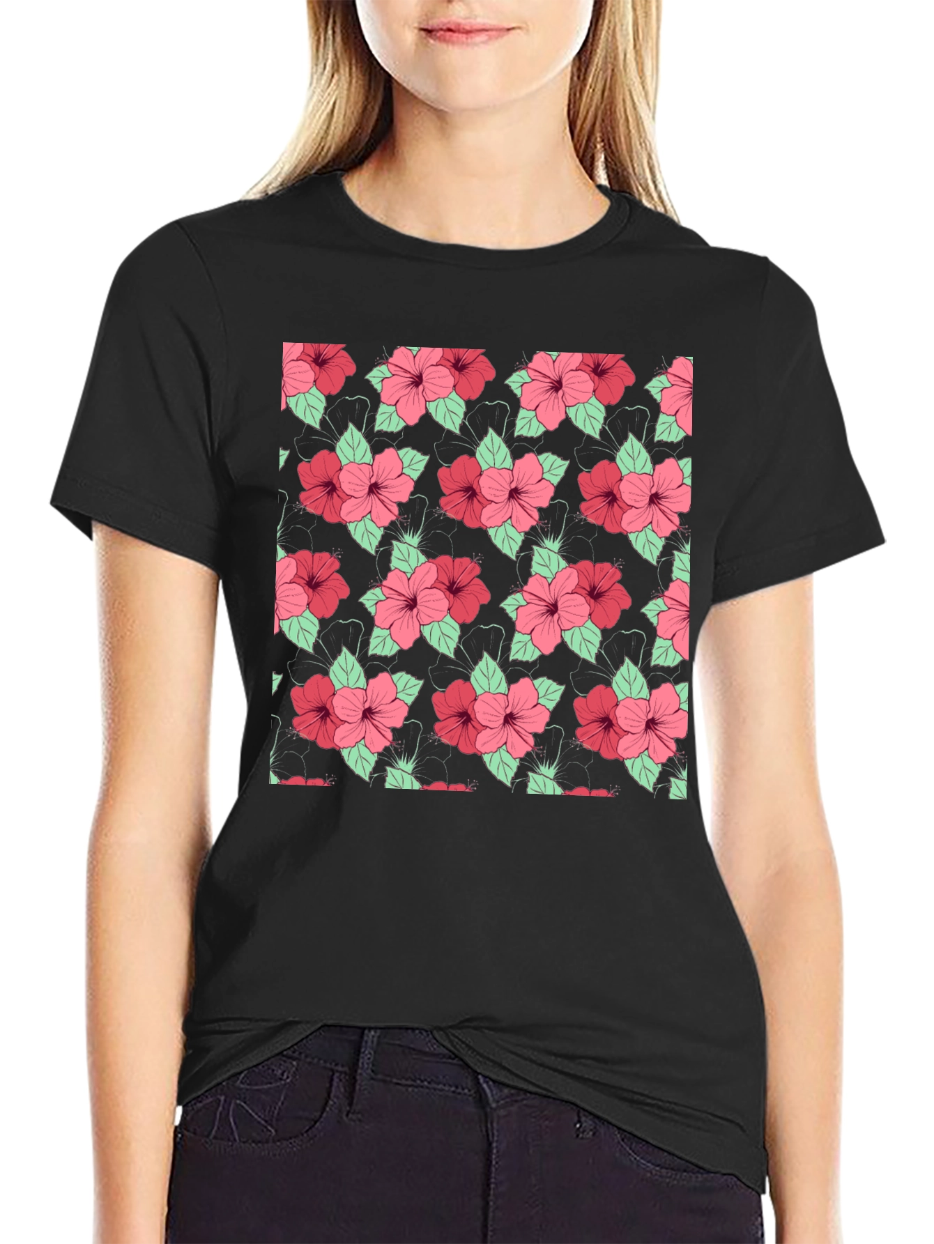 Floral Hibiscus Pattern Black T-Shirt
