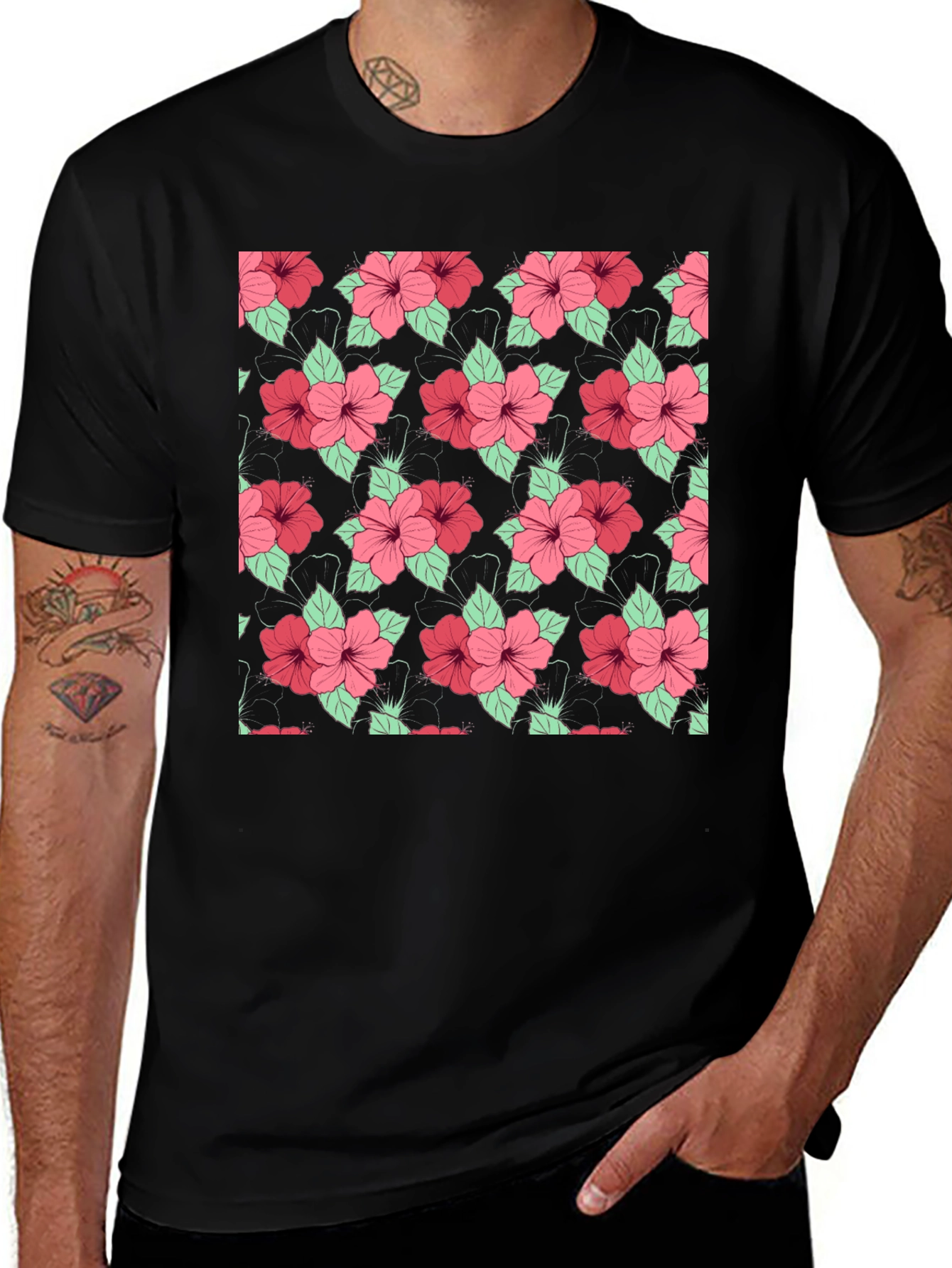 Floral Hibiscus Pattern Black T-Shirt