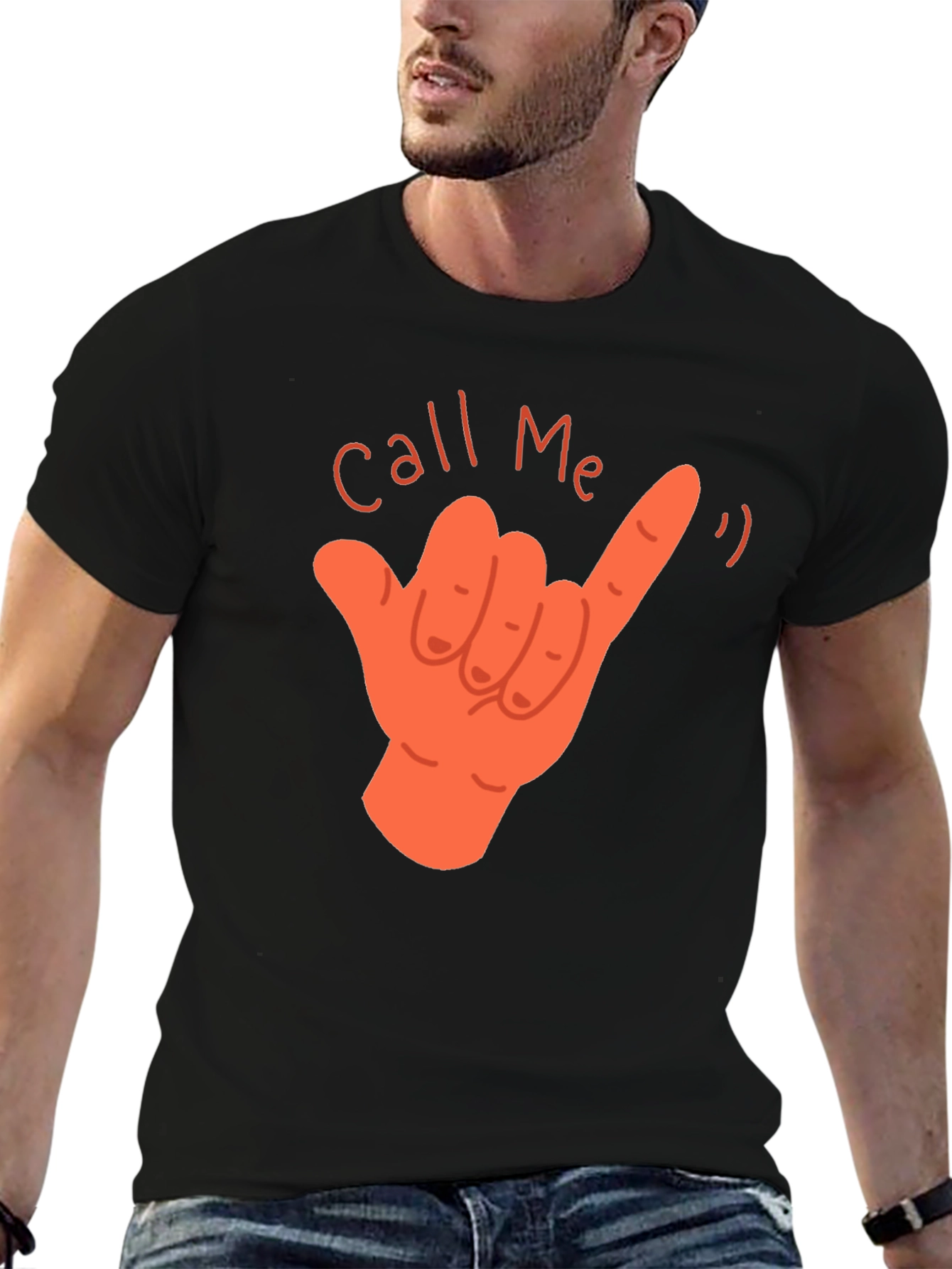 Call Me Hand Gesture Graphic T-Shirt - Black