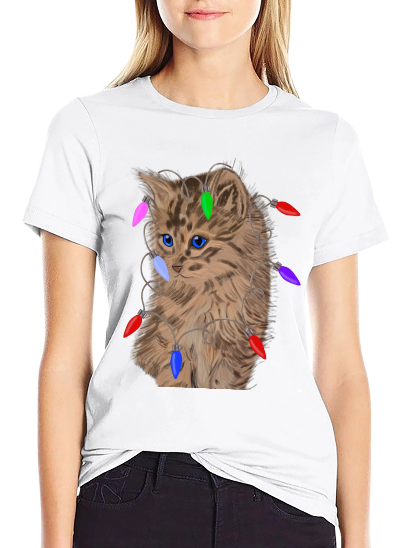 Kitten in Lights T-Shirt - Festive Cat Lover Tee