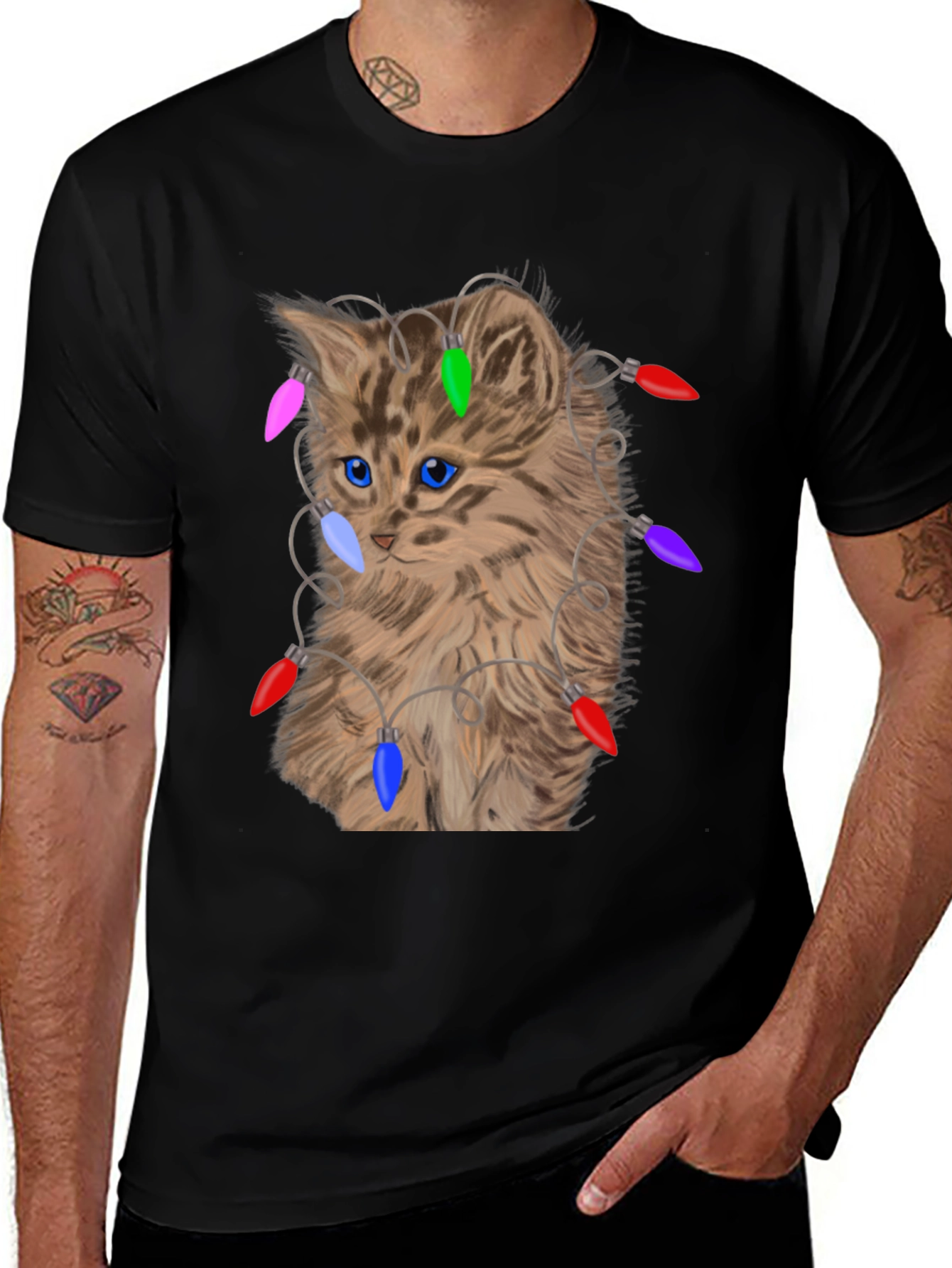 Kitten in Lights T-Shirt - Festive Cat Lover Tee