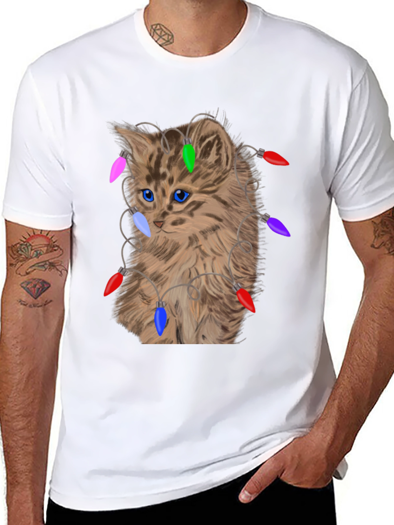 Kitten in Lights T-Shirt - Festive Cat Lover Tee