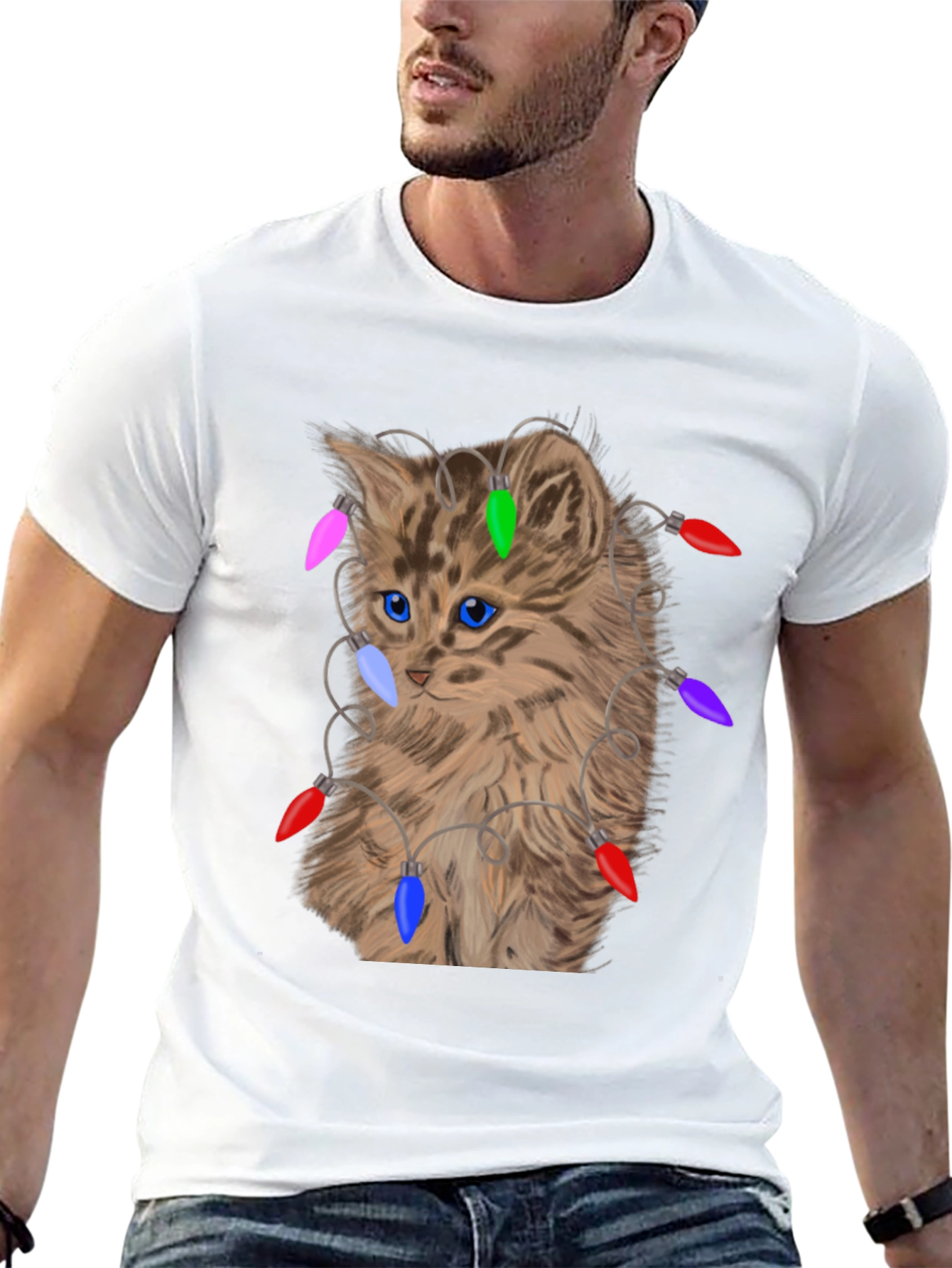 Kitten in Lights T-Shirt - Festive Cat Lover Tee
