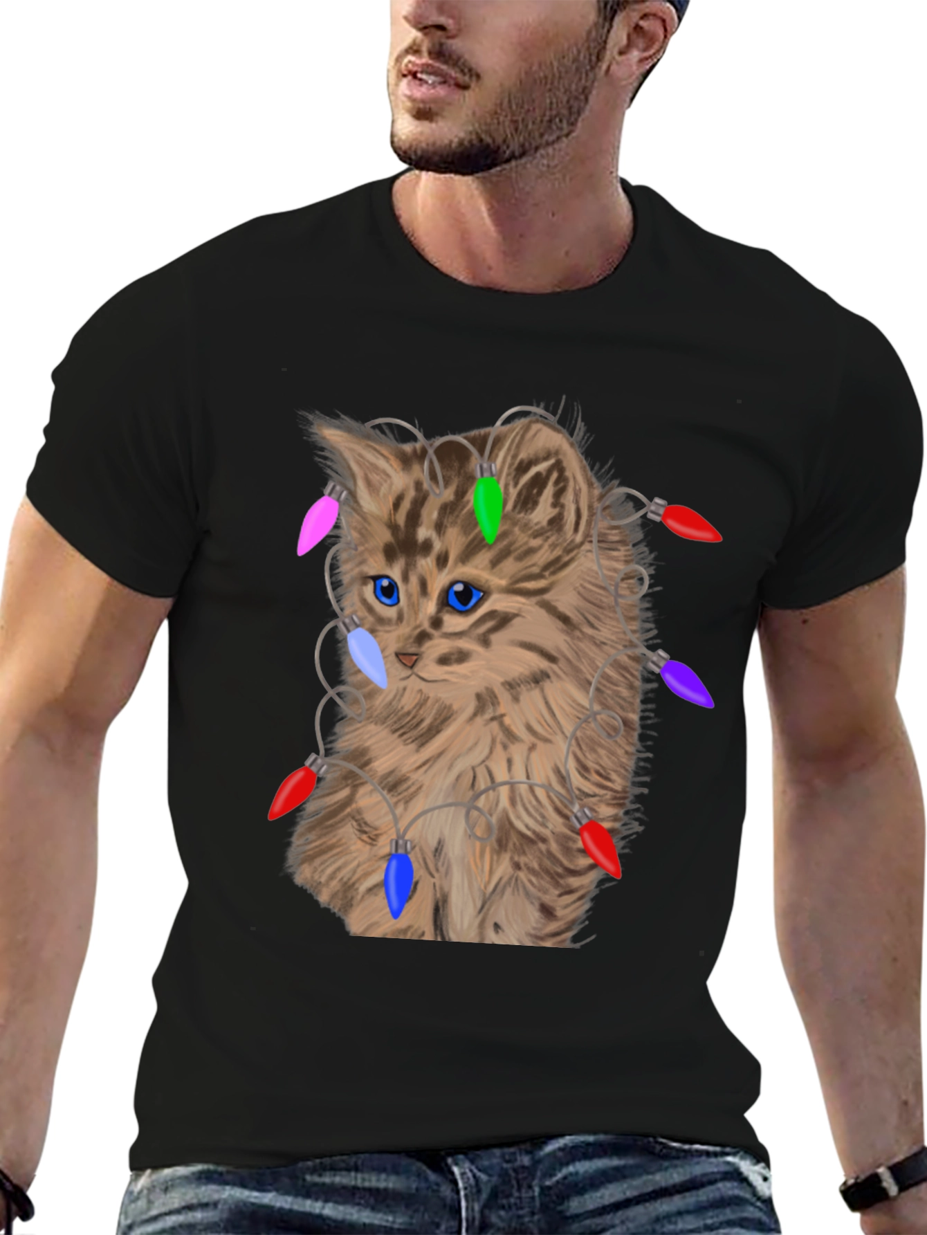 Kitten in Lights T-Shirt - Festive Cat Lover Tee