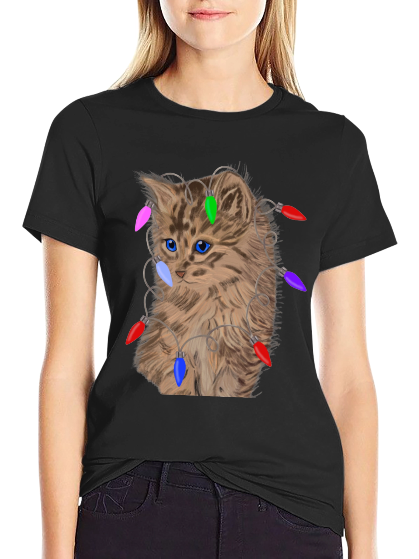 Kitten in Lights T-Shirt - Festive Cat Lover Tee
