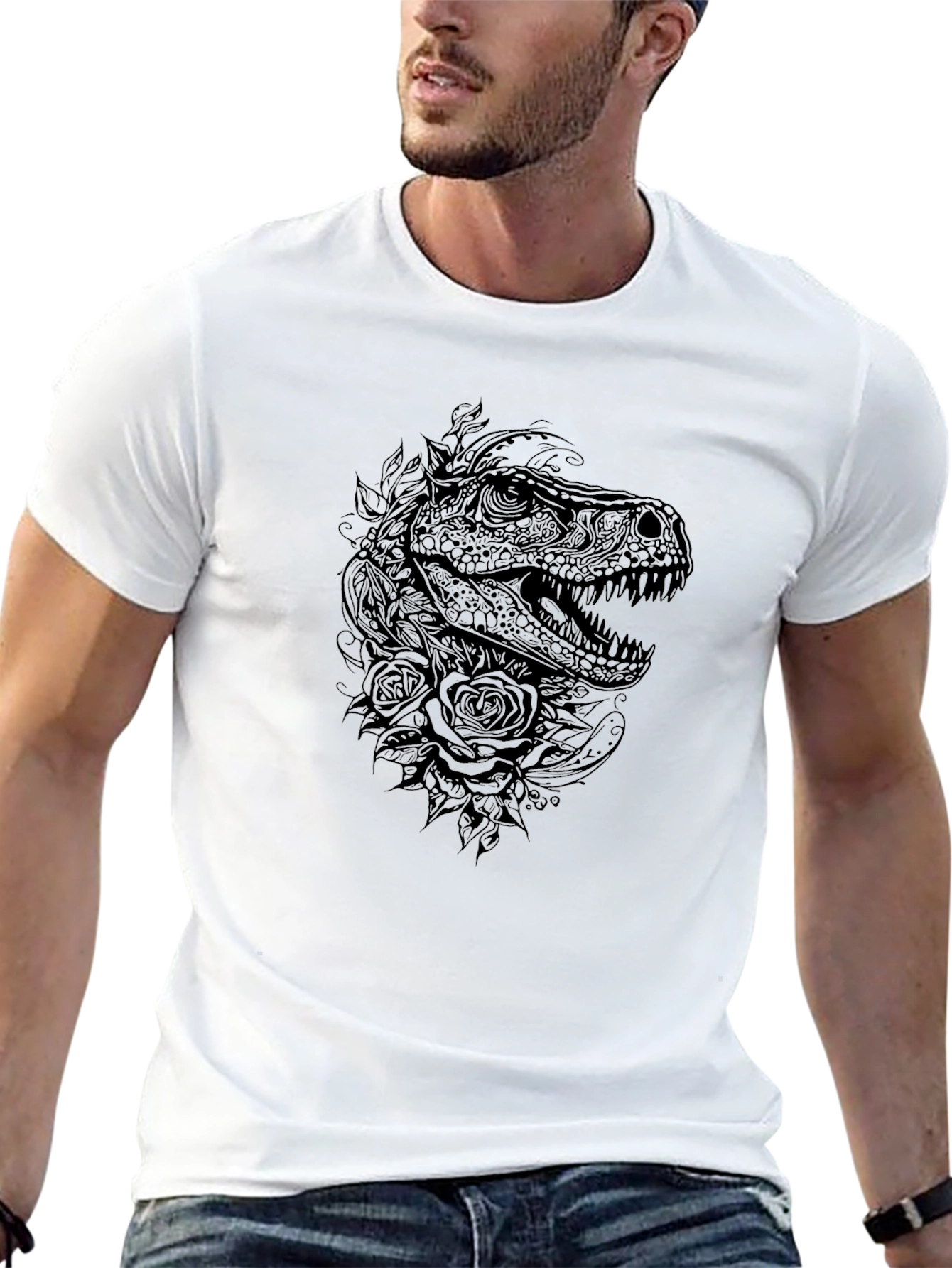 Dino & Roses Graphic Tee - Black