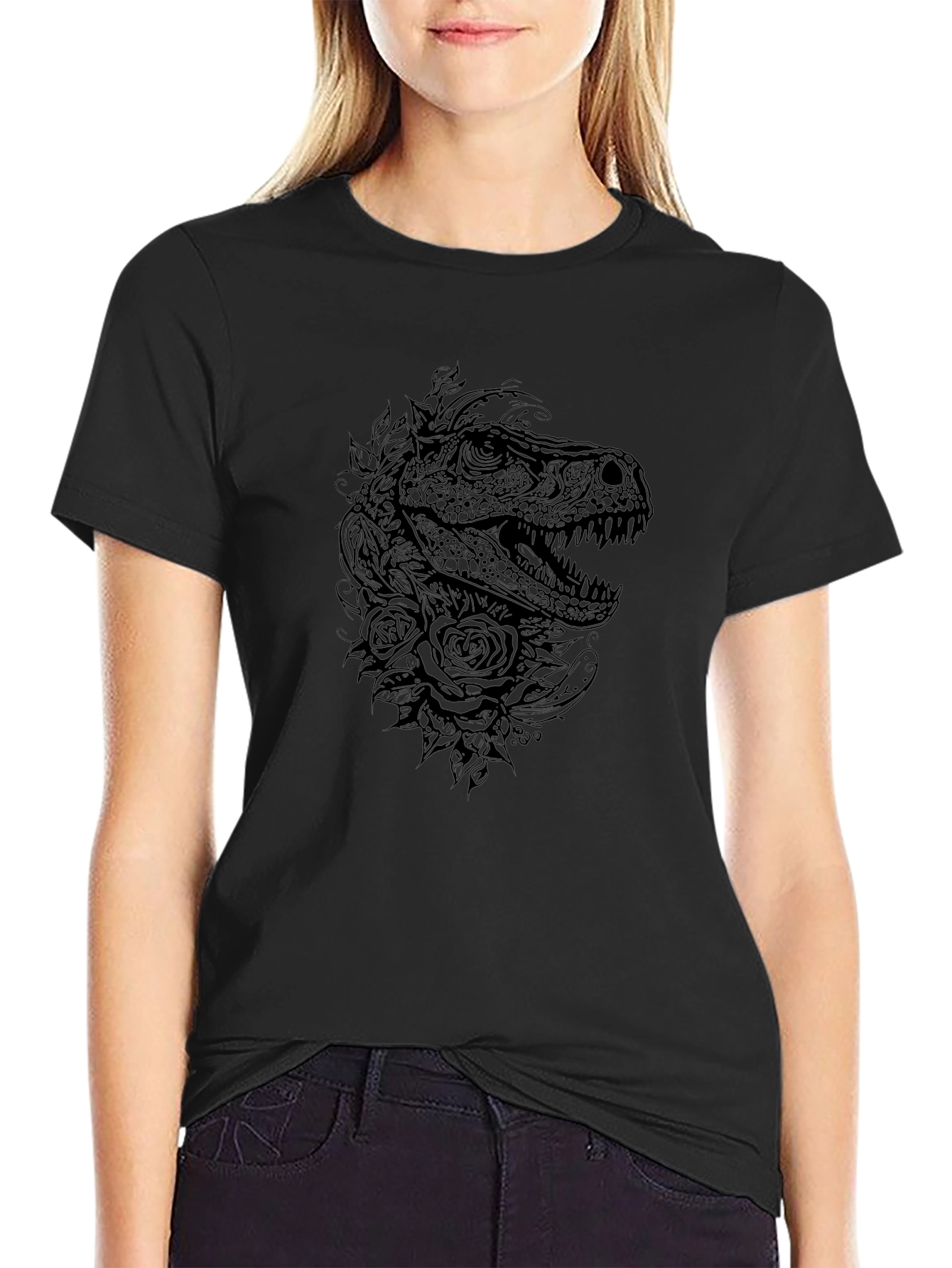Dino & Roses Graphic Tee - Black
