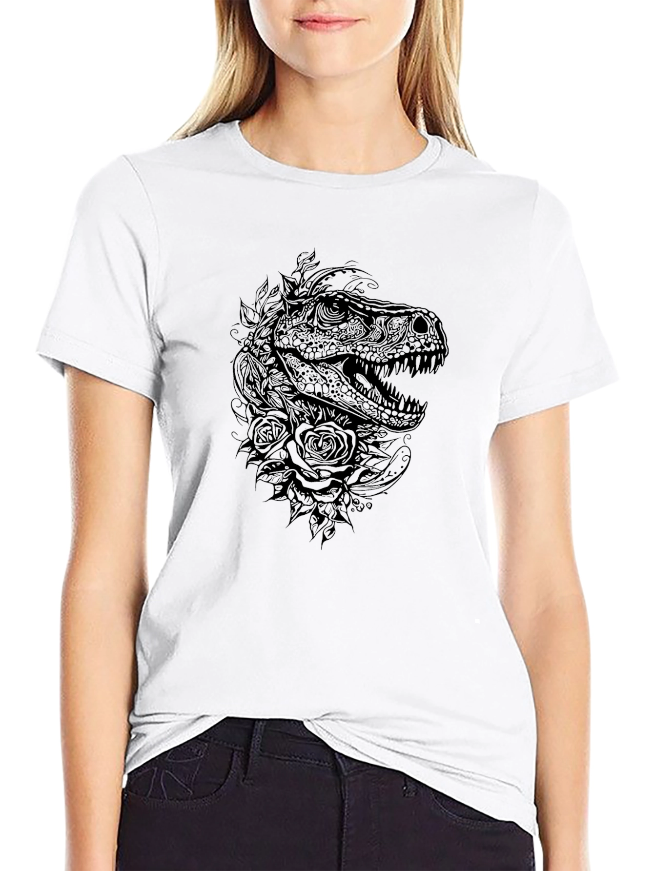Dino & Roses Graphic Tee - Black