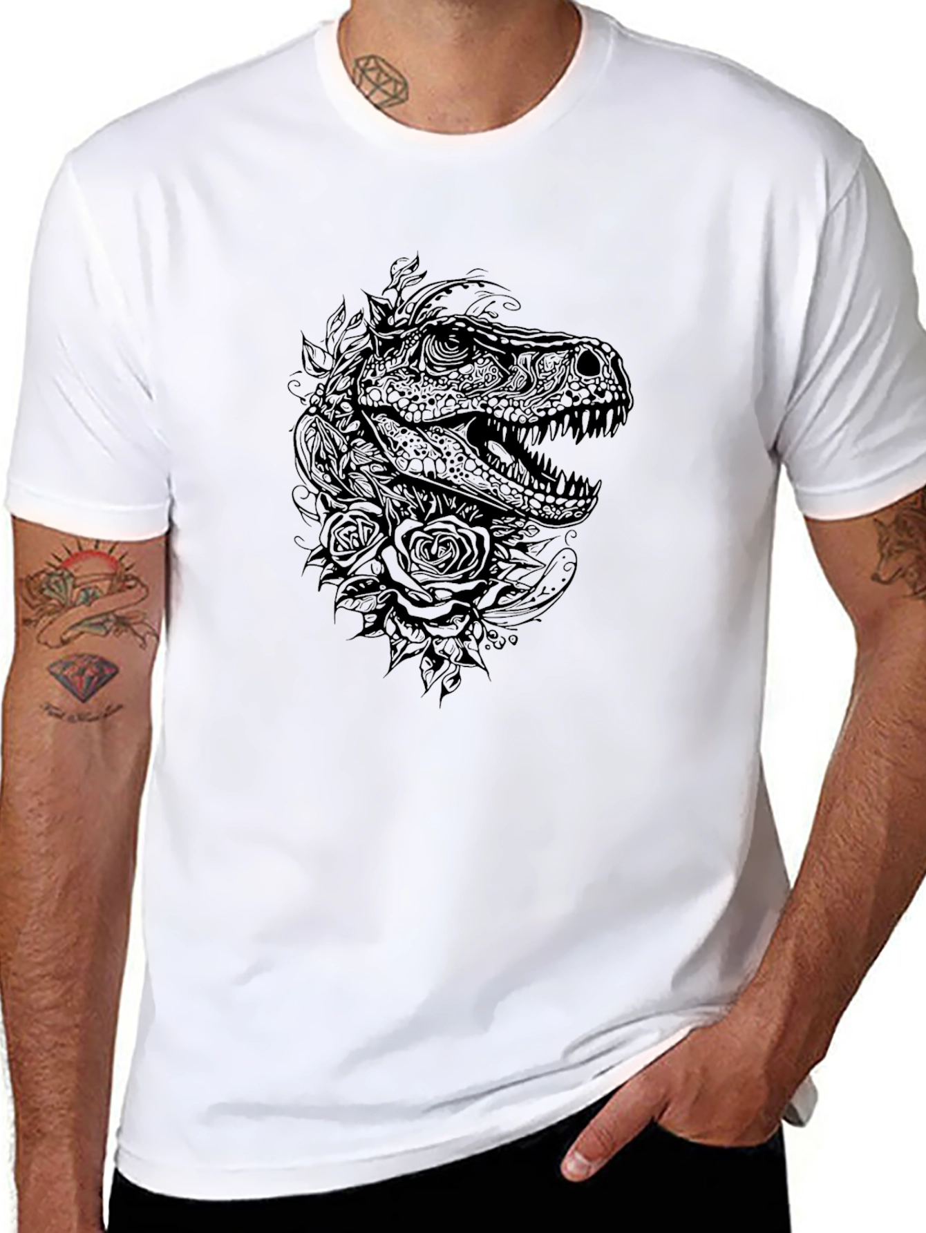 Dino & Roses Graphic Tee - Black