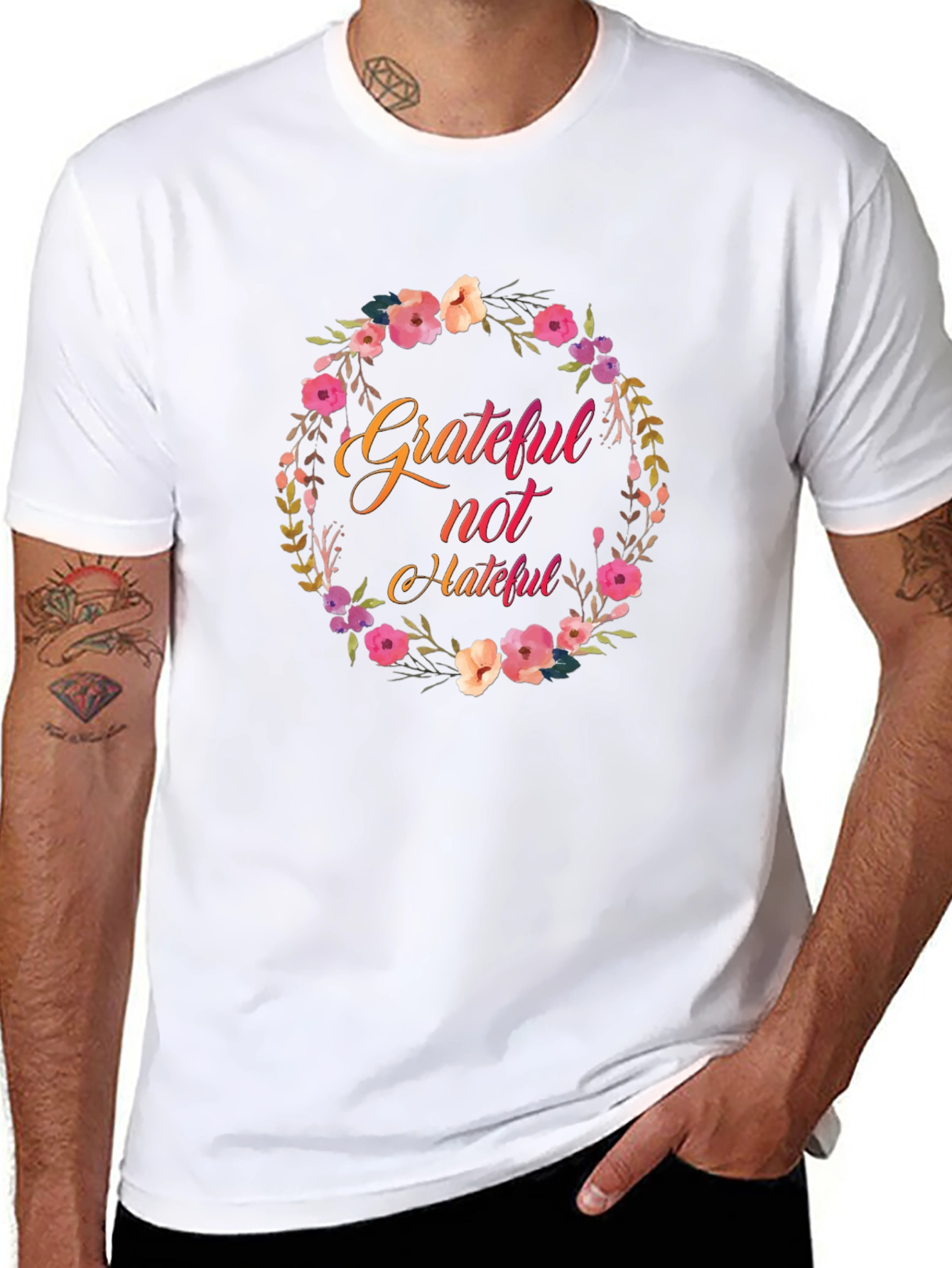 Grateful Not Hateful Floral Wreath Black T-Shirt