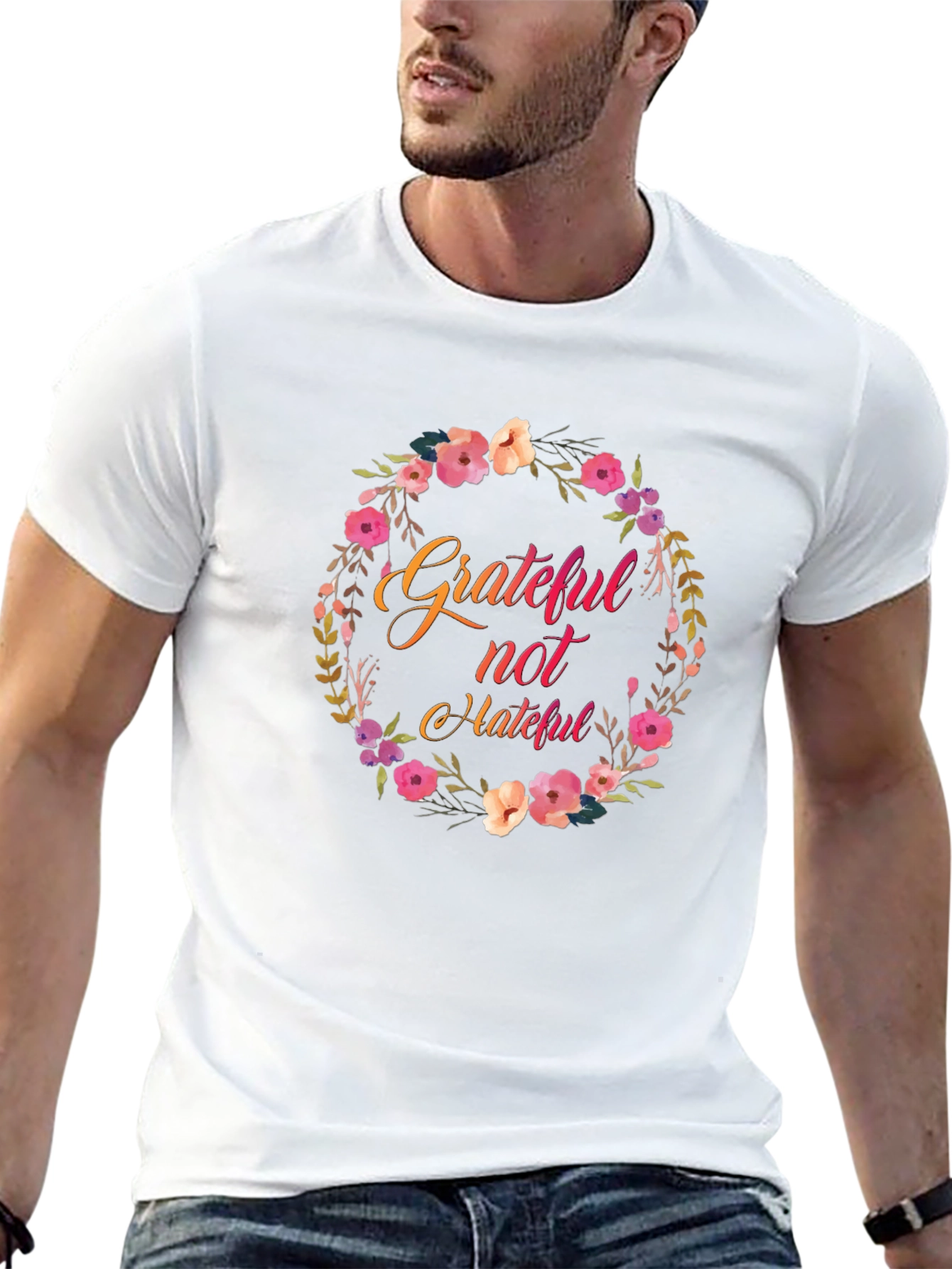 Grateful Not Hateful Floral Wreath Black T-Shirt