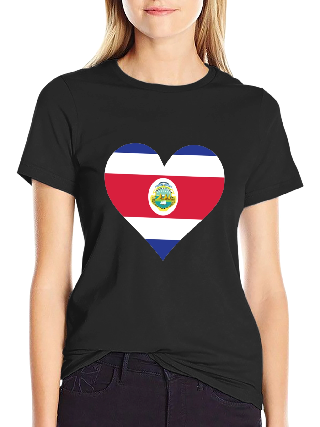 Costa Rica Flag Heart T-Shirt - Black Cotton Tee