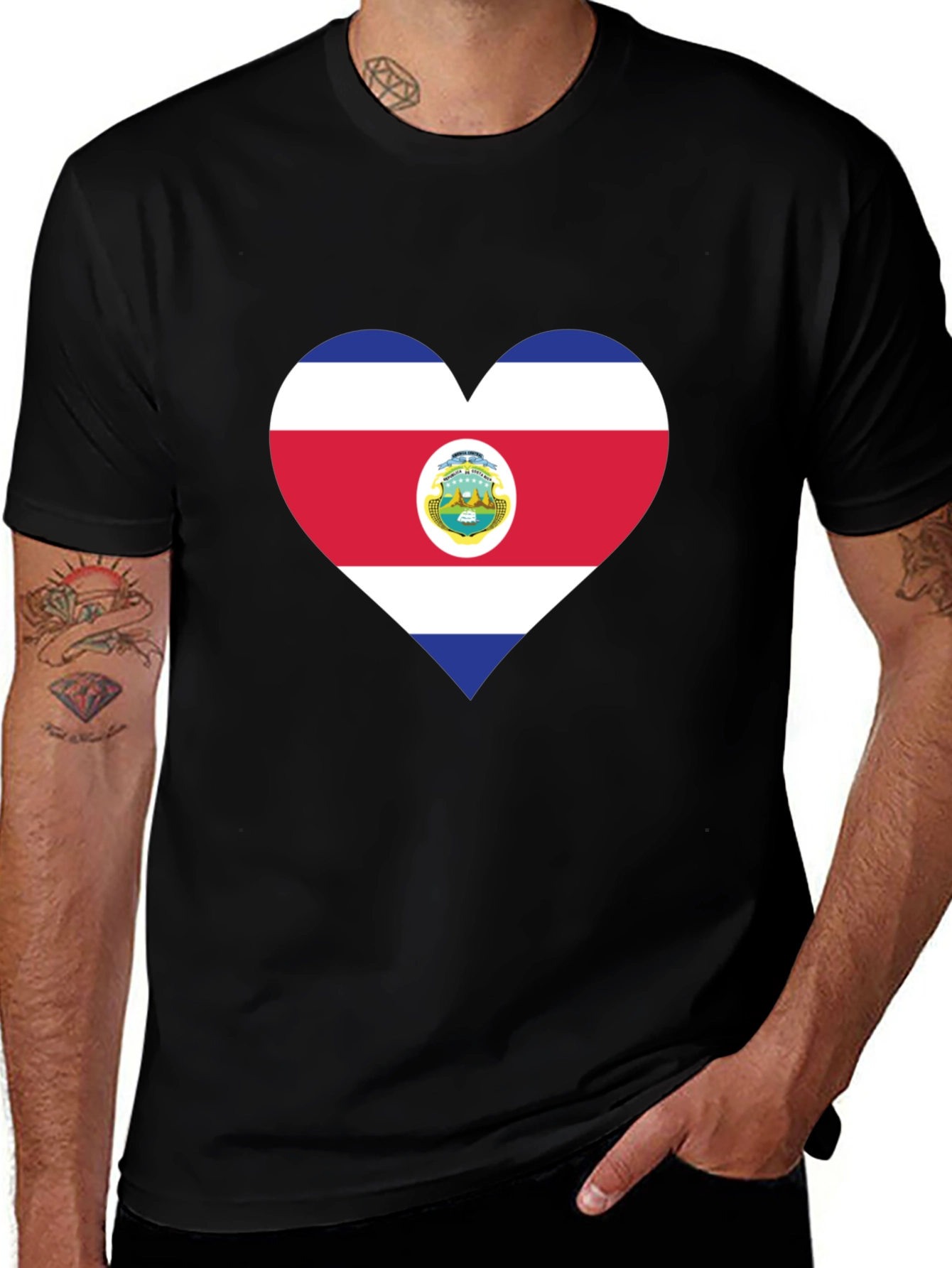 Costa Rica Flag Heart T-Shirt - Black Cotton Tee