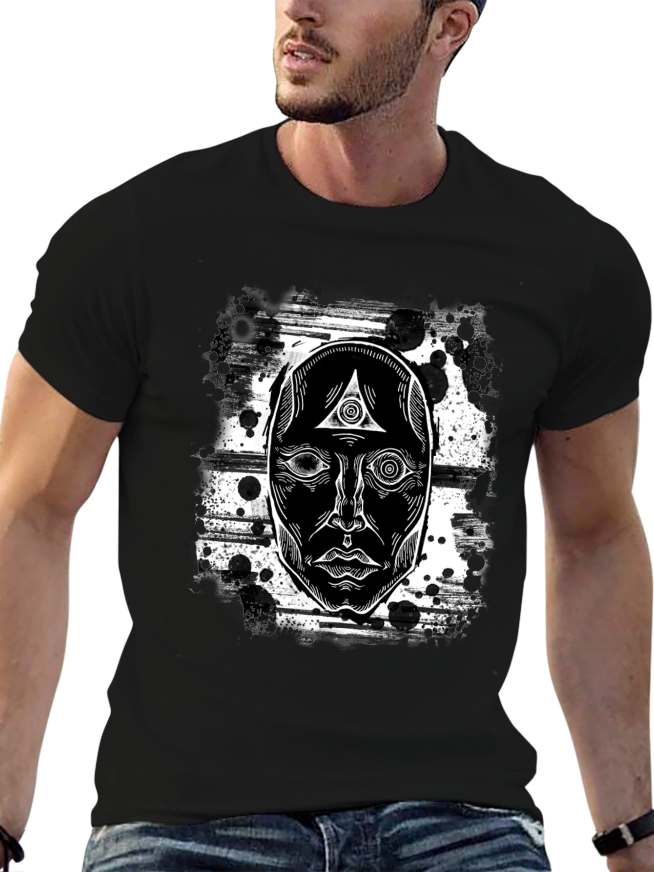 Mystic Face Graphic Black T-Shirt - Unique Design